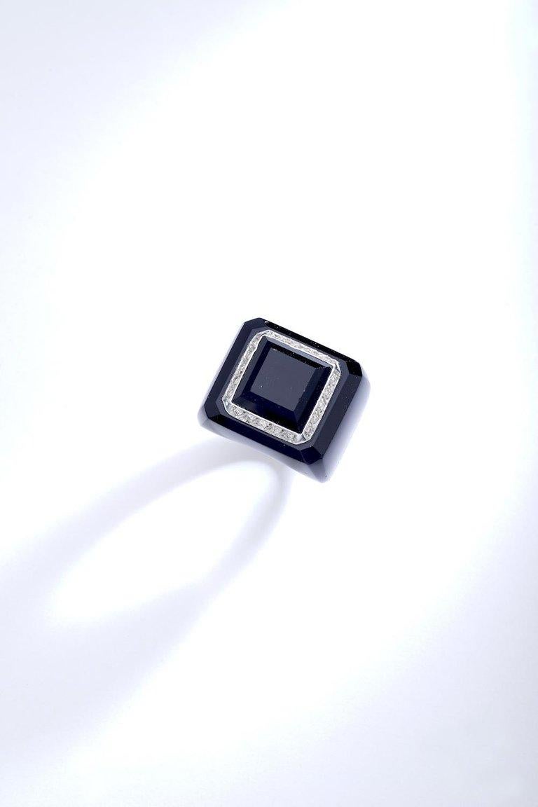 Art Deco Onyx and Diamond on White Gold Ring For Sale