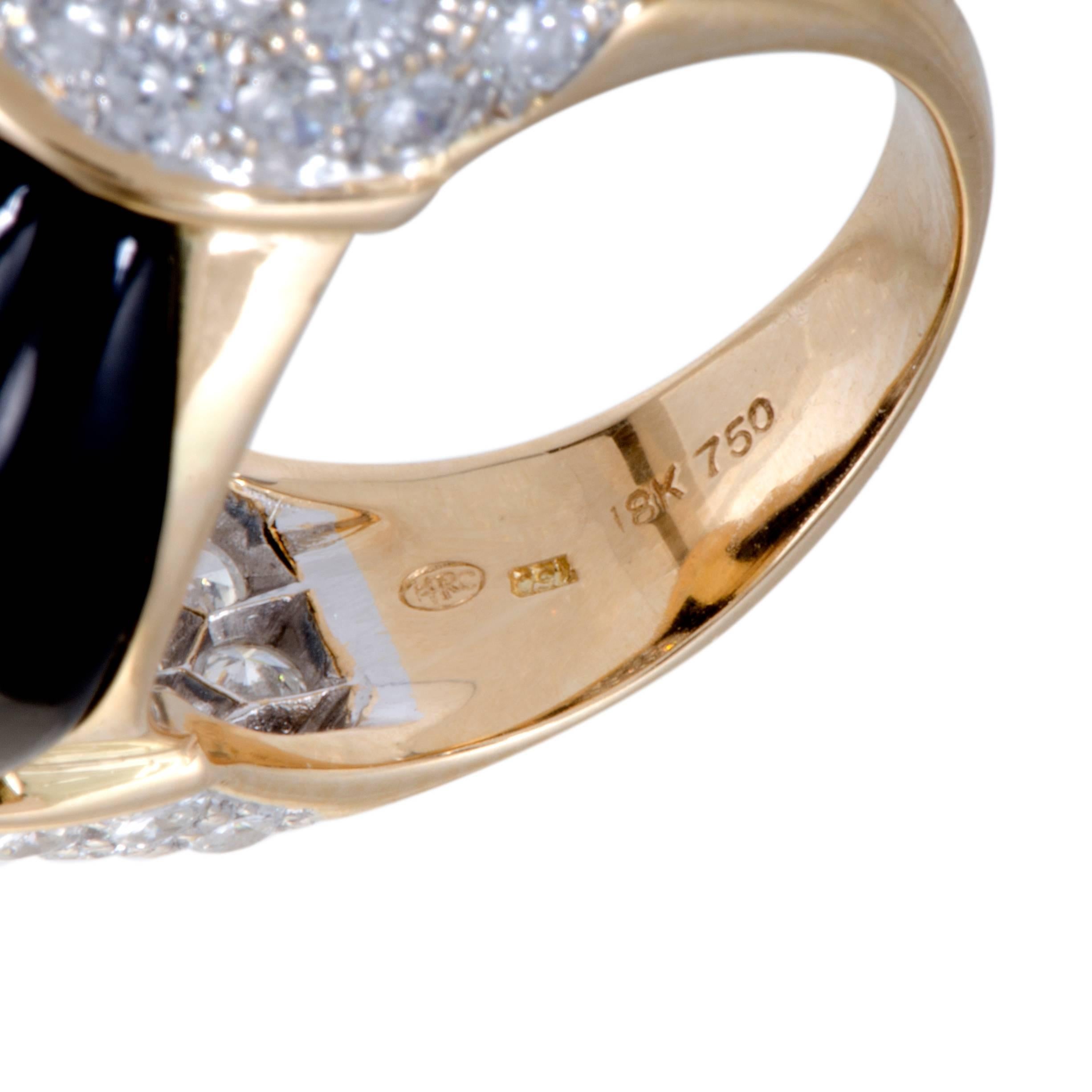 Onyx and Diamond Pave Yellow Gold Bombe Ring 1