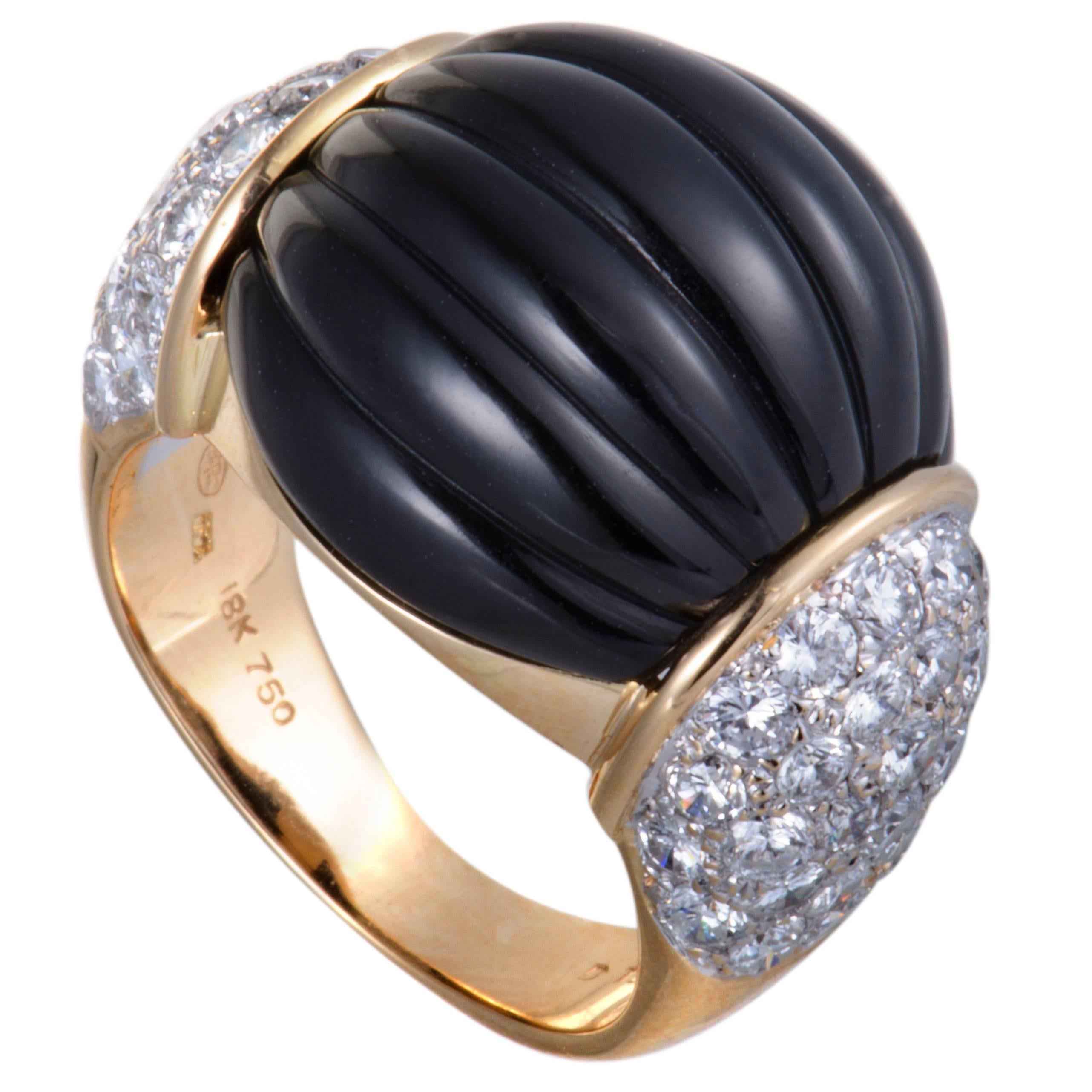 Onyx and Diamond Pave Yellow Gold Bombe Ring
