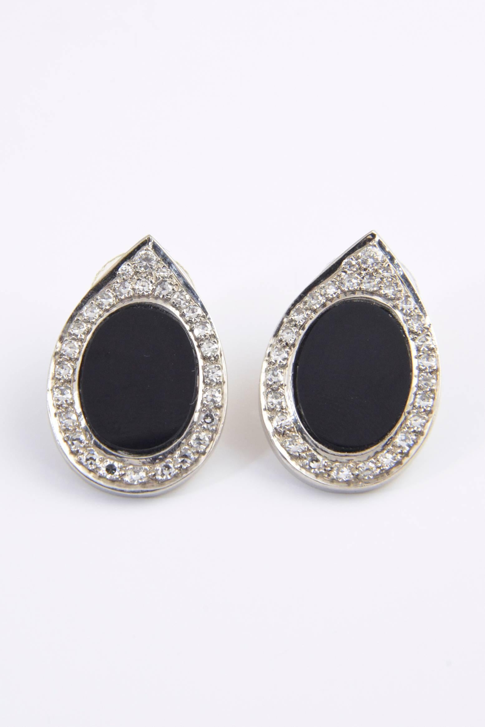 Women's Onyx and Diamond Platinum Teardrop Earrings, circa 1970s For Sale