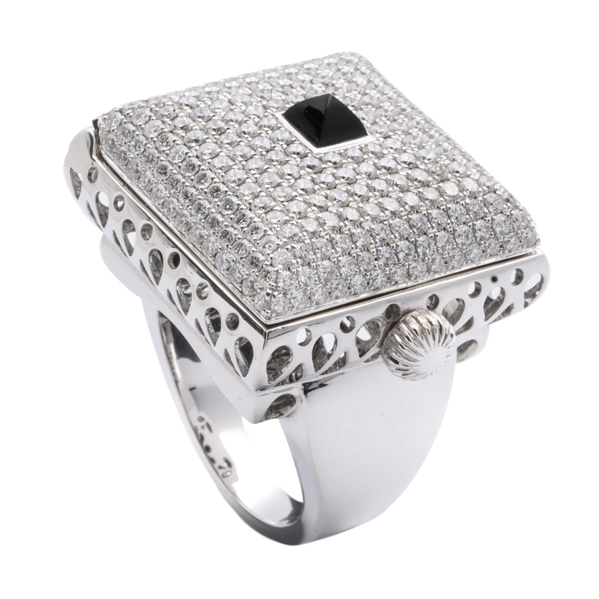 An Order of Bling Onyx and Diamond Pop Up Box Ring, 18 Karat White Gold