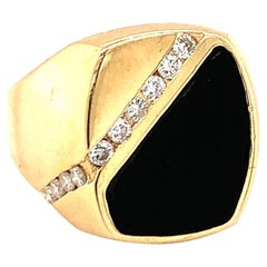 Anello con onice e diamanti in oro giallo 14k, anni '70 circa