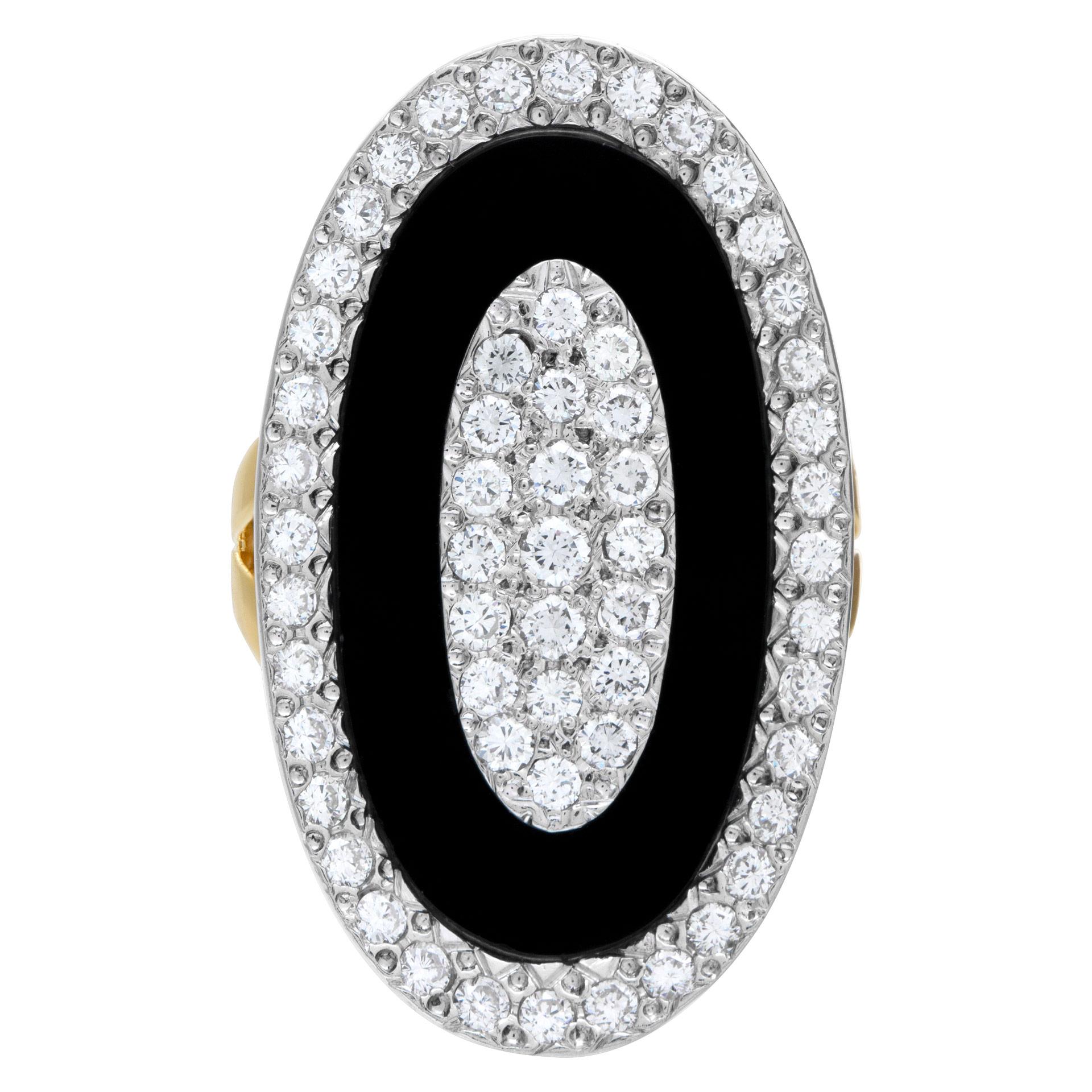 ESTIMATED RETAIL $9000 - YOUR PRICE $5040 - 100% AUTHENTIC - Spectacular onyx and diamond ring in 18k yellow gold with 1.60 carats in G-H color, VS-SI clarity diamonds. Top of the ring measures 33.5mm (L) x 20mm (W). Ring size 7.