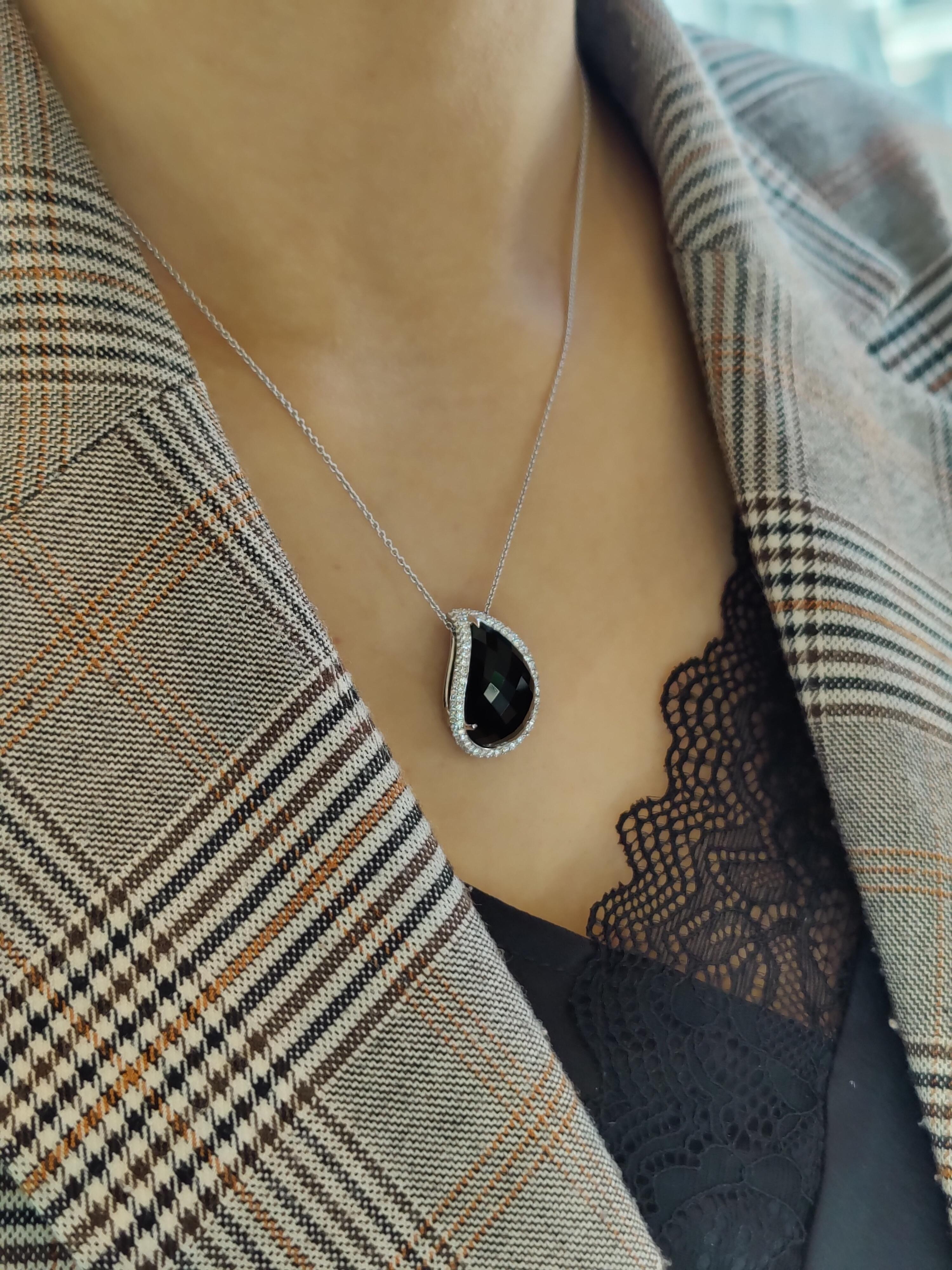 Modern Onyx and Diamond Teardrop Pendant in 18 Karat White Gold For Sale