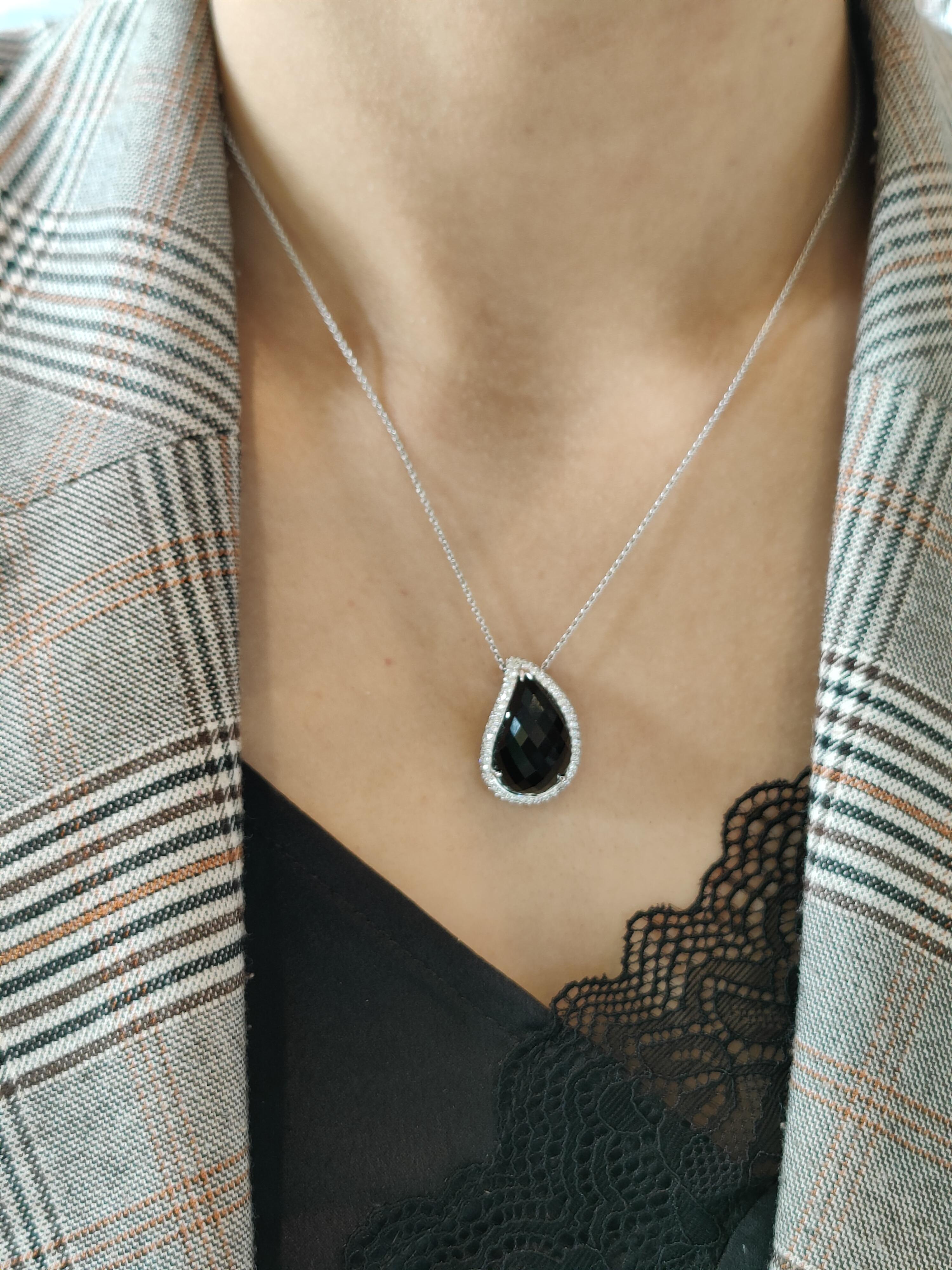 Pear Cut Onyx and Diamond Teardrop Pendant in 18 Karat White Gold For Sale