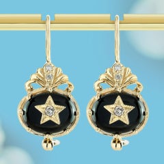 Onyx and Diamond Vintage Style Star Drop Earrings in 9K Yellow Gold