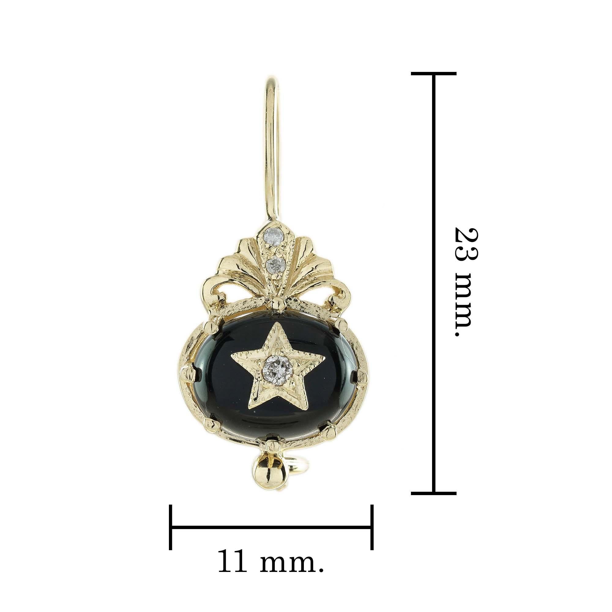 Onyx and Diamond Vintage Style Star Drop Earrings in 9K Yellow Gold im Zustand „Neu“ im Angebot in Bangkok, TH