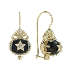 Onyx and Diamond Vintage Style Star Drop Earrings in 9K Yellow Gold