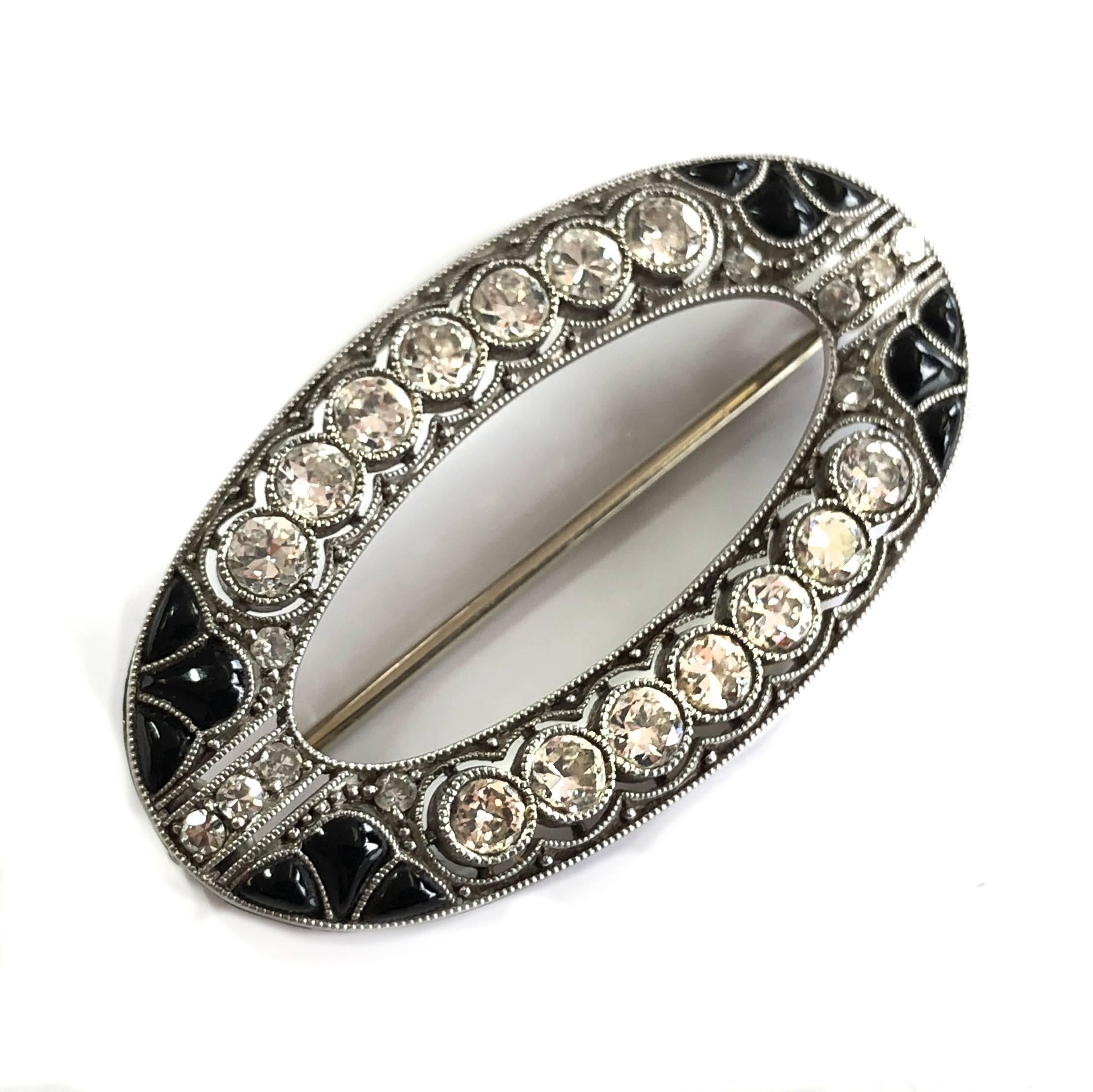 Art Deco Onyx and Diamond White Gold Oval Brooch, 1920s For Sale