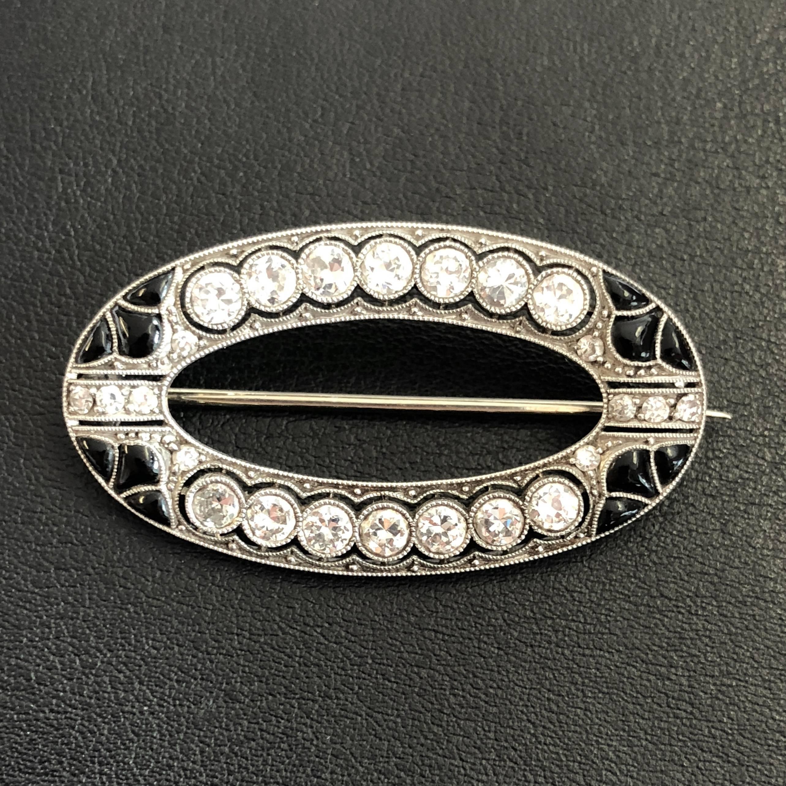 Round Cut Onyx and Diamond White Gold Oval Brooch, 1920s For Sale