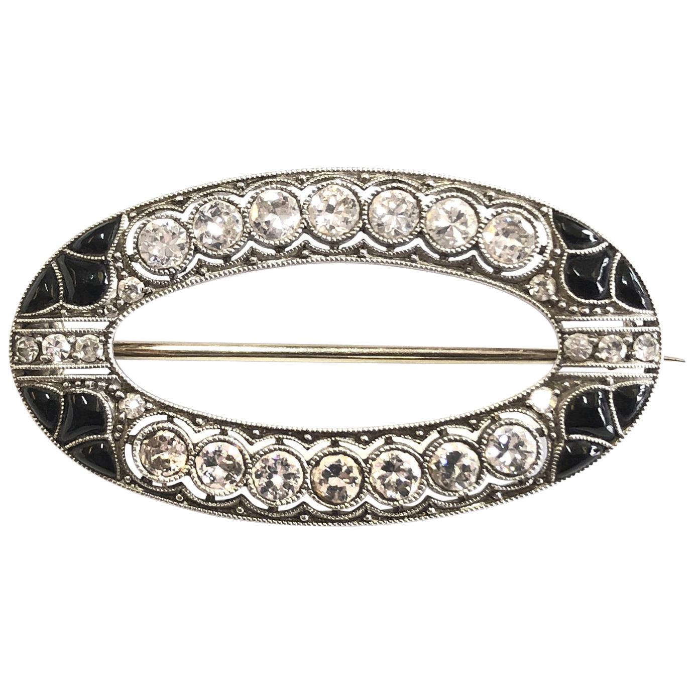 Onyx and Diamond White Gold Oval Brooch, 1920s For Sale