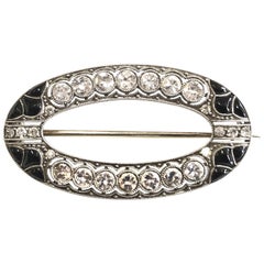 Onyx and Diamond White Gold Oval Brooch, 1920s