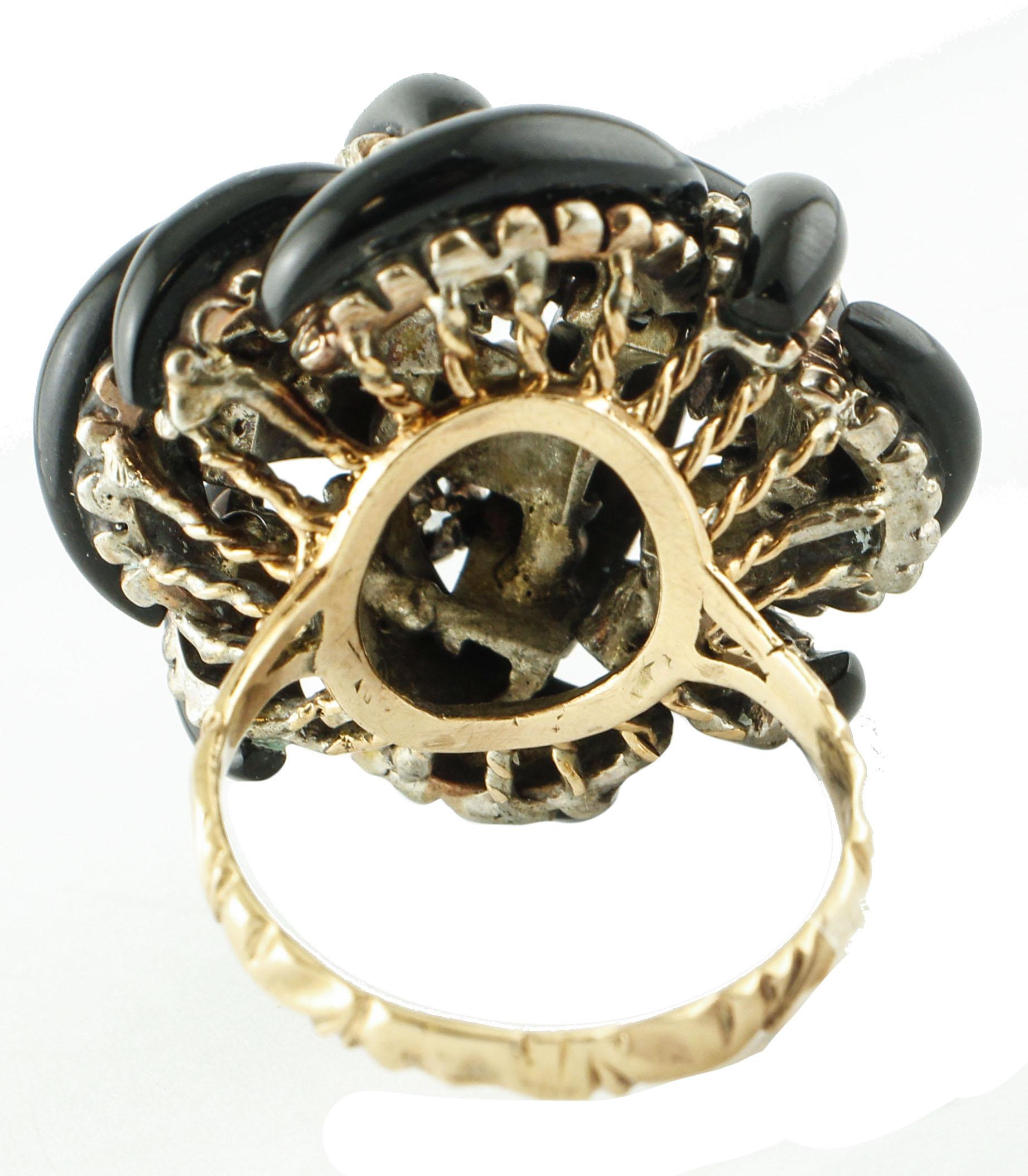 Retro Onyx and Diamonds Net, 9 Karat Rose Gold and Silver Cocktail Ring