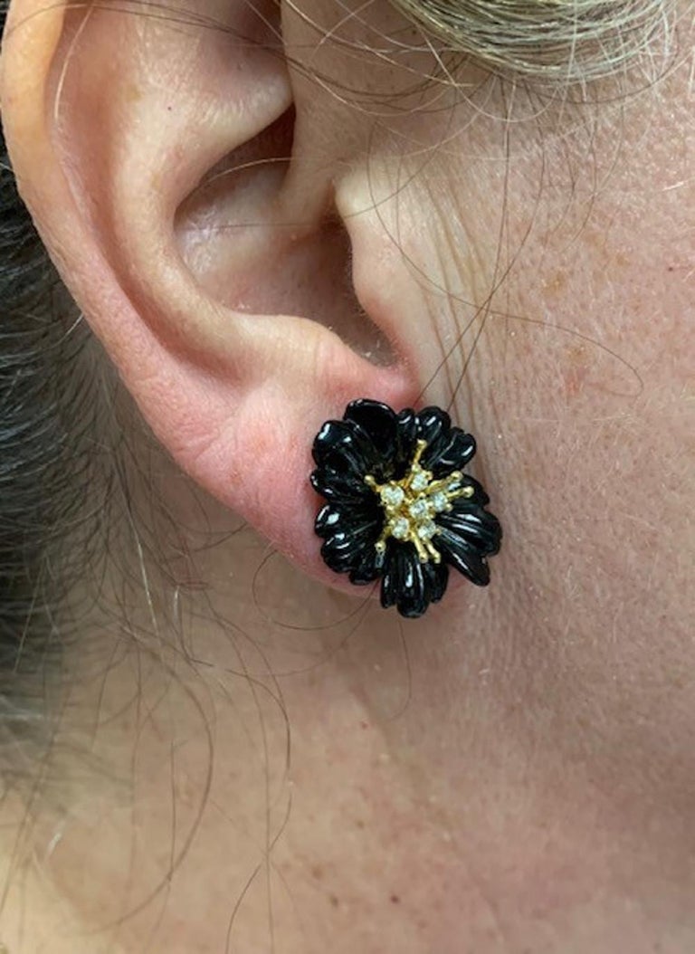 Onyx and MotherofPearl Carved Flower Earring Jackets 18k Gold and