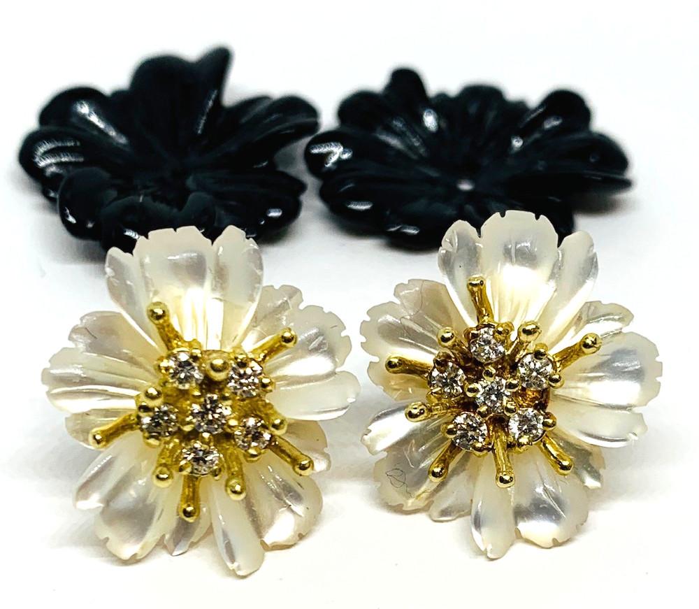 Artisan Onyx and Mother-of-Pearl Carved Flower Earring Jackets 18k Gold and Diamonds