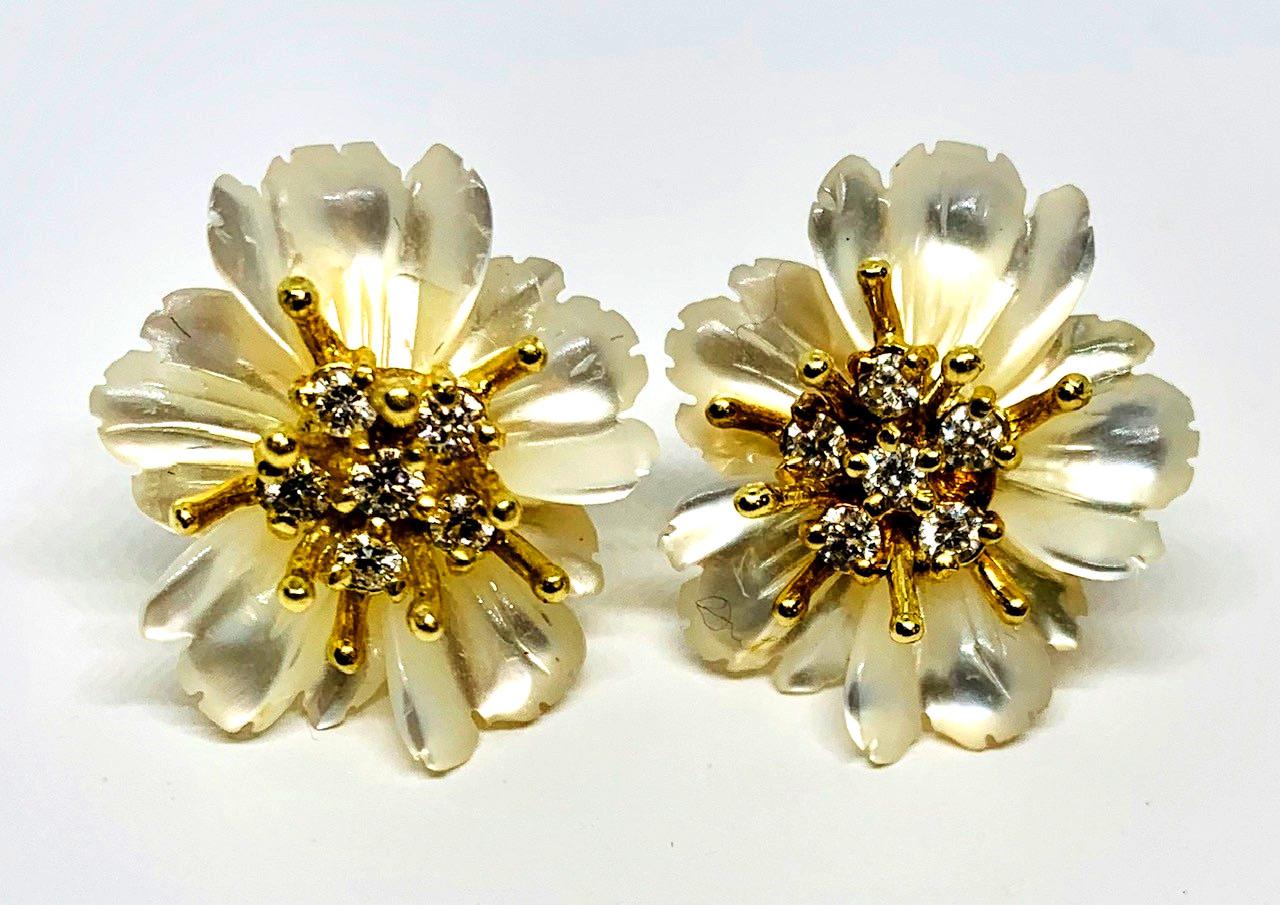 Round Cut Onyx and Mother-of-Pearl Carved Flower Earring Jackets 18k Gold and Diamonds