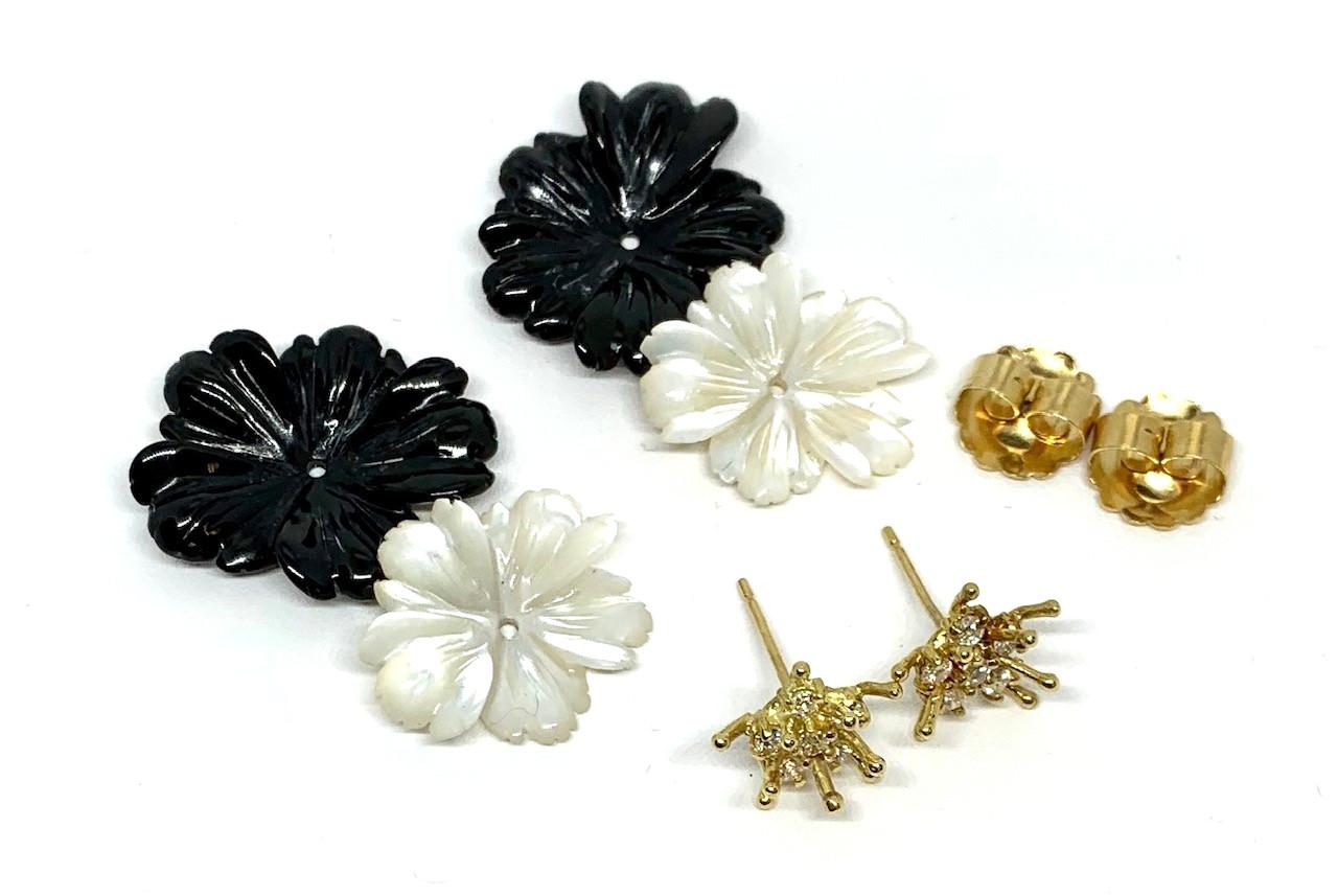 Women's Onyx and Mother-of-Pearl Carved Flower Earring Jackets 18k Gold and Diamonds