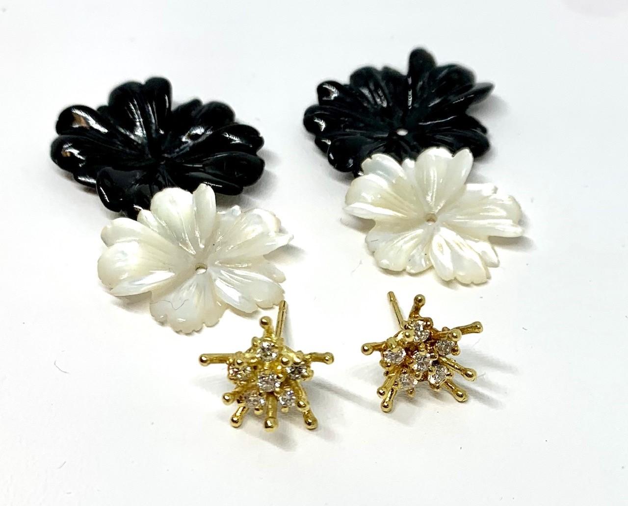 Onyx and Mother-of-Pearl Carved Flower Earring Jackets 18k Gold and Diamonds 1
