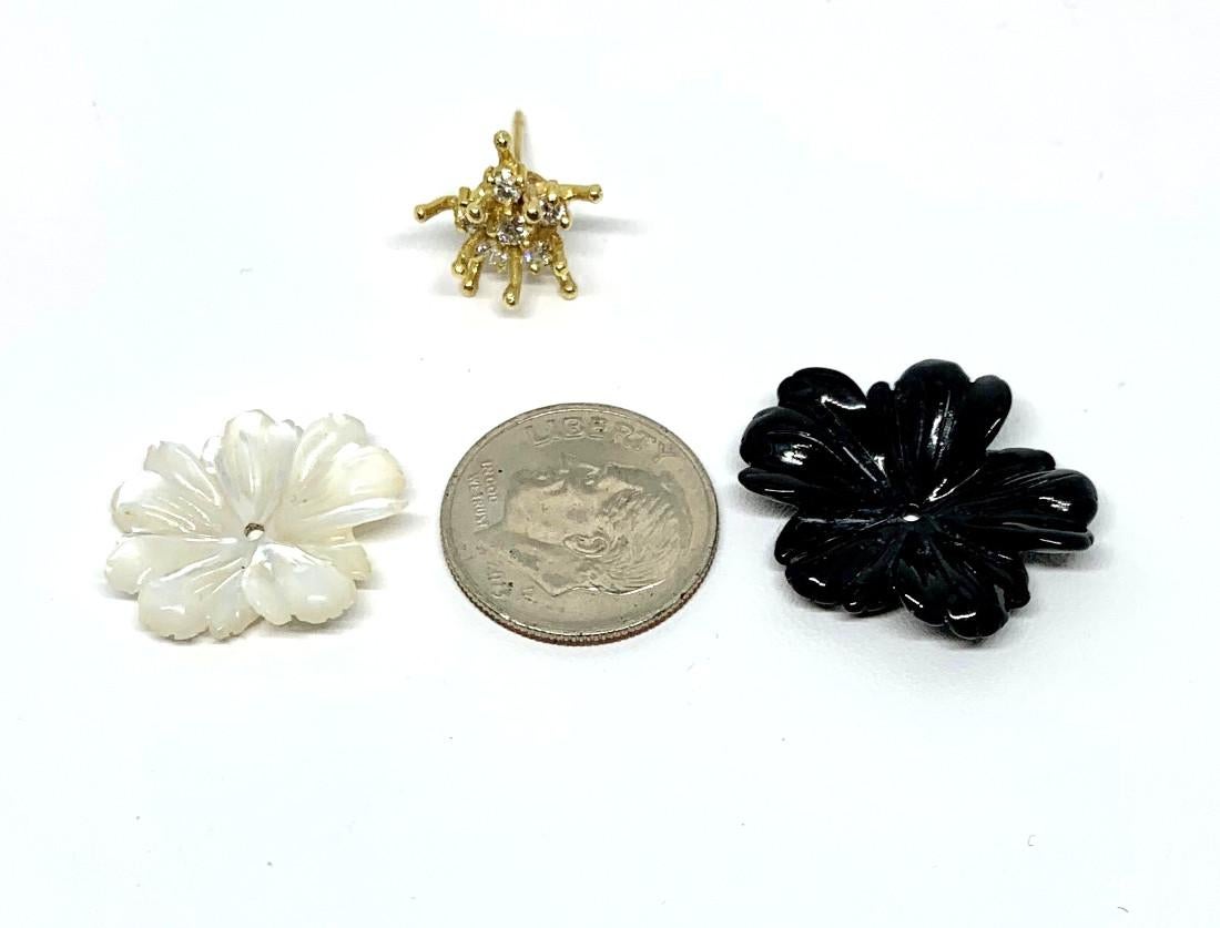 Onyx and Mother-of-Pearl Carved Flower Earring Jackets 18k Gold and Diamonds 3