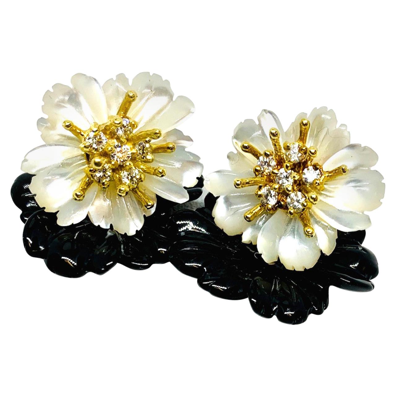 Onyx and Mother-of-Pearl Carved Flower Earring Jackets 18k Gold and Diamonds
