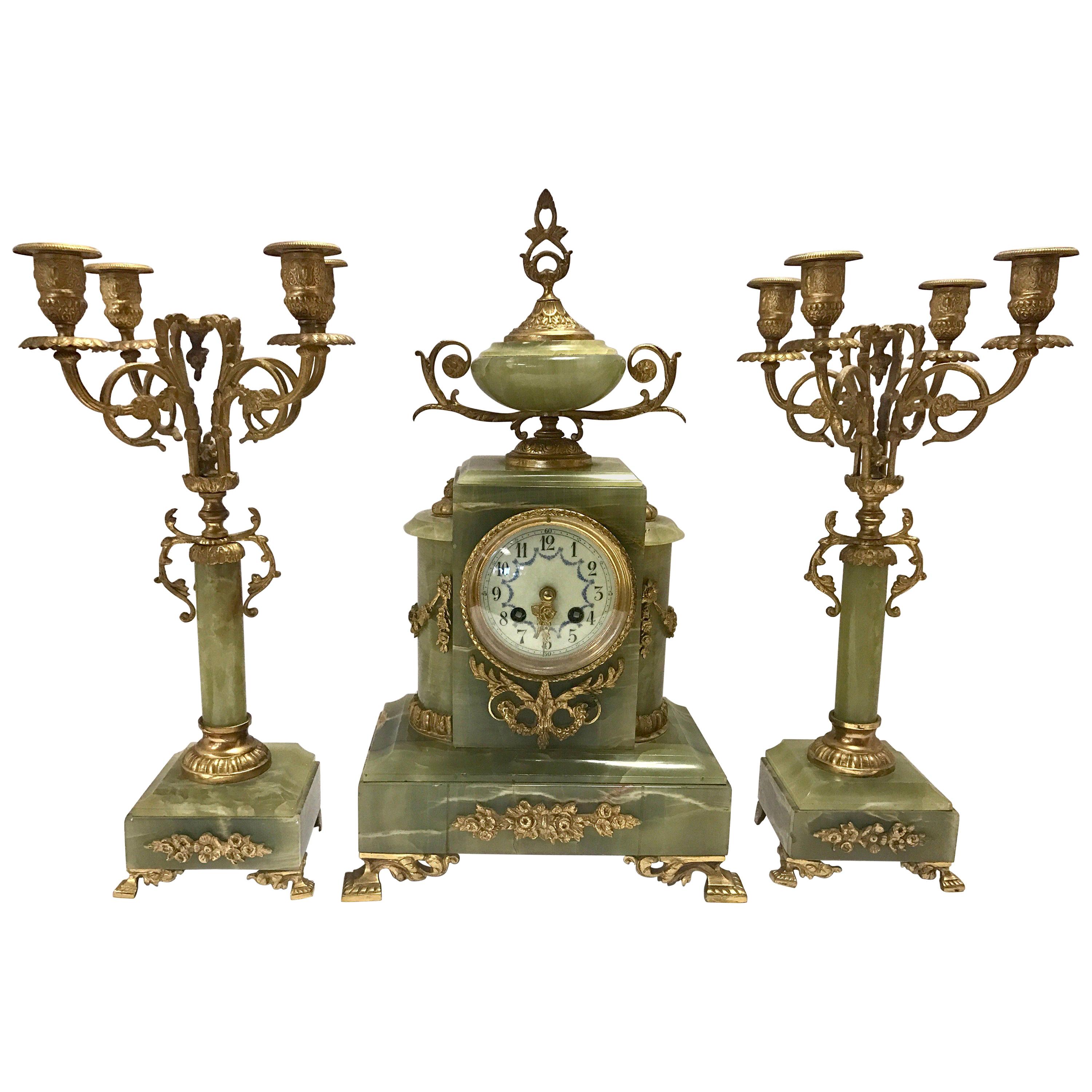 Onyx and Ormolu Bronze Three-Piece Garniture Set, Clock, Candelabras, Pair
