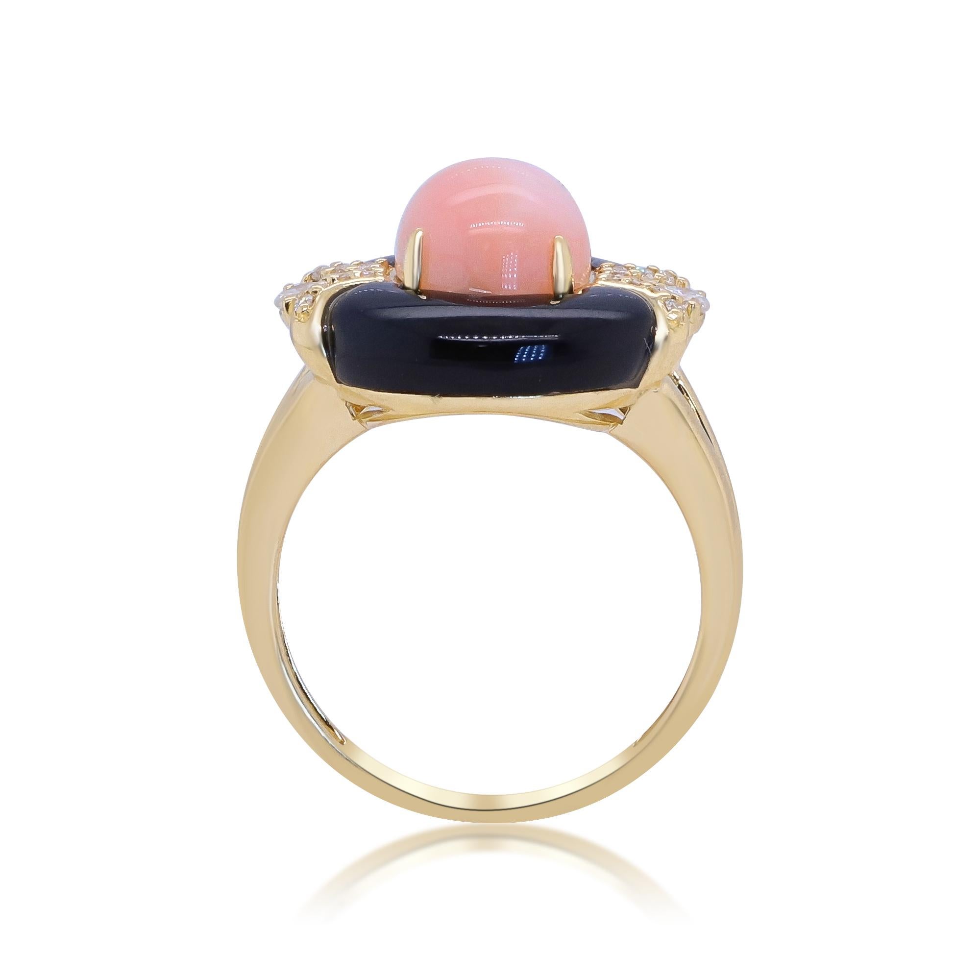 Oval Cut Onyx and Oval-Cab Pink Opal with Diamond Accents 14K Yellow Gold Ring