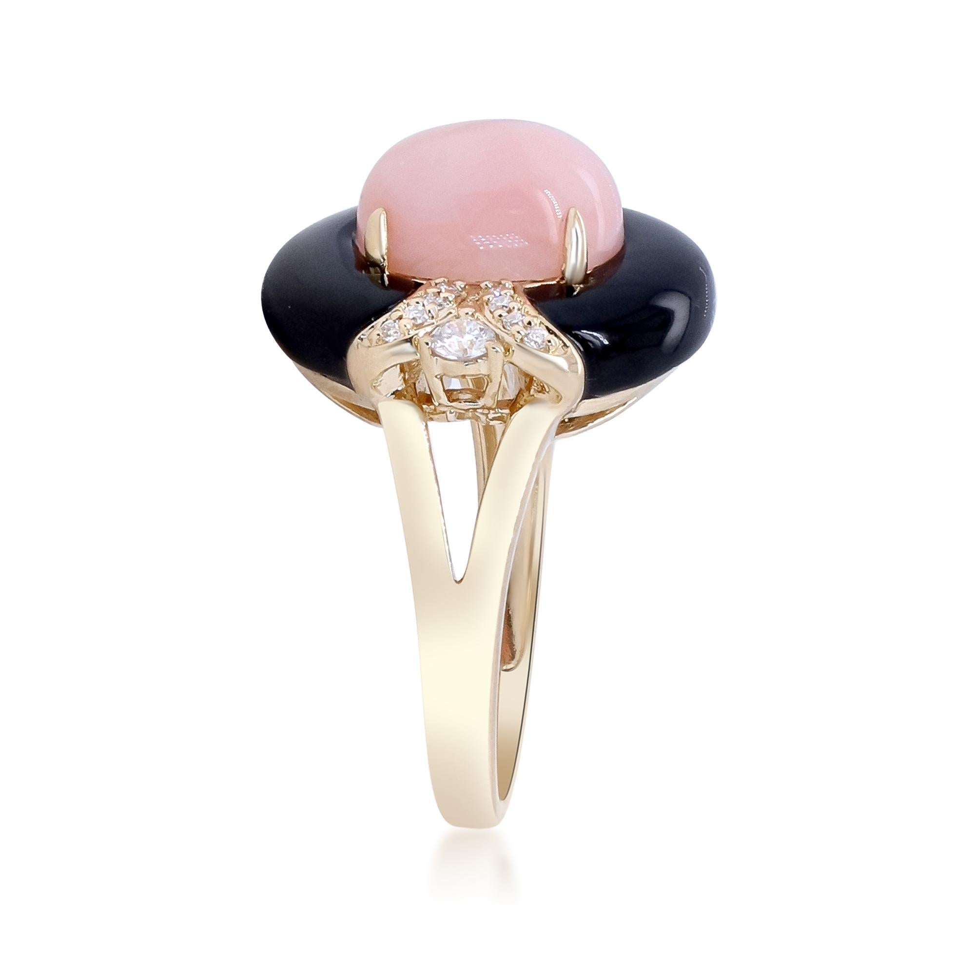 Ring aus 14 Karat Gelbgold mit Onyx und rosa Opal im Ovalschliff mit Diamant-Akzenten (Art déco) im Angebot