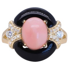 Onyx and Oval-Cab Pink Opal with Diamond Accents 14K Yellow Gold Ring