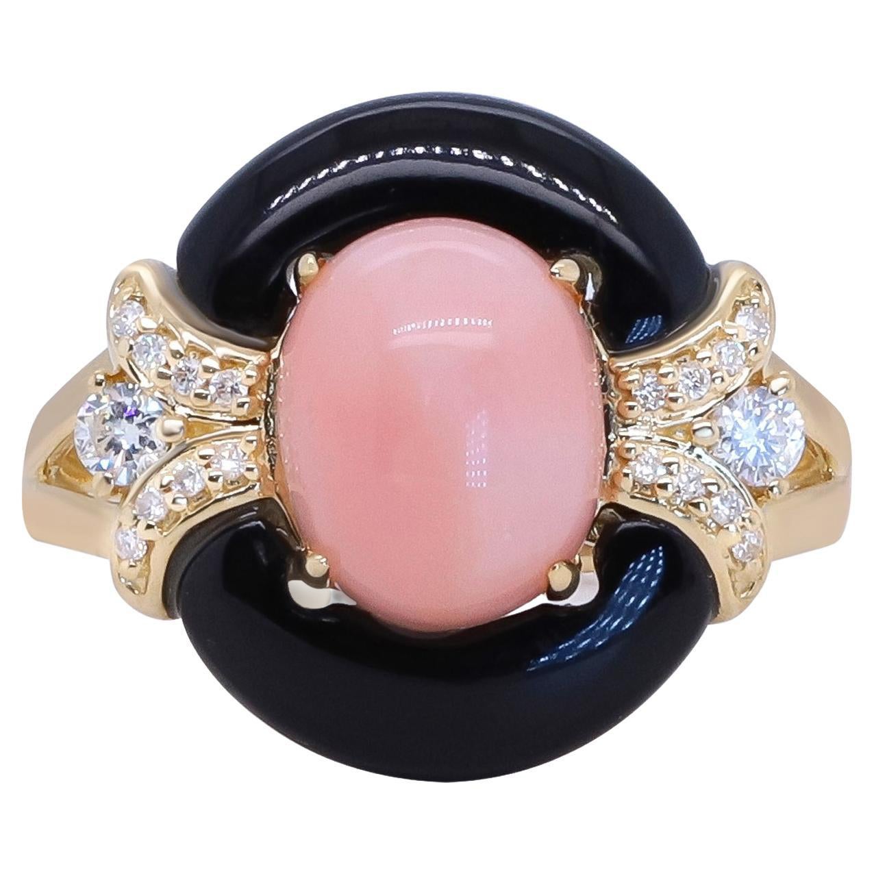 Anello in oro giallo 14K con onice e opale rosa a taglio ovale e accenti di diamante