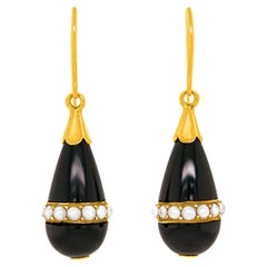 Onyx and Pearl 18k Gold Drop Earrings c1880s France