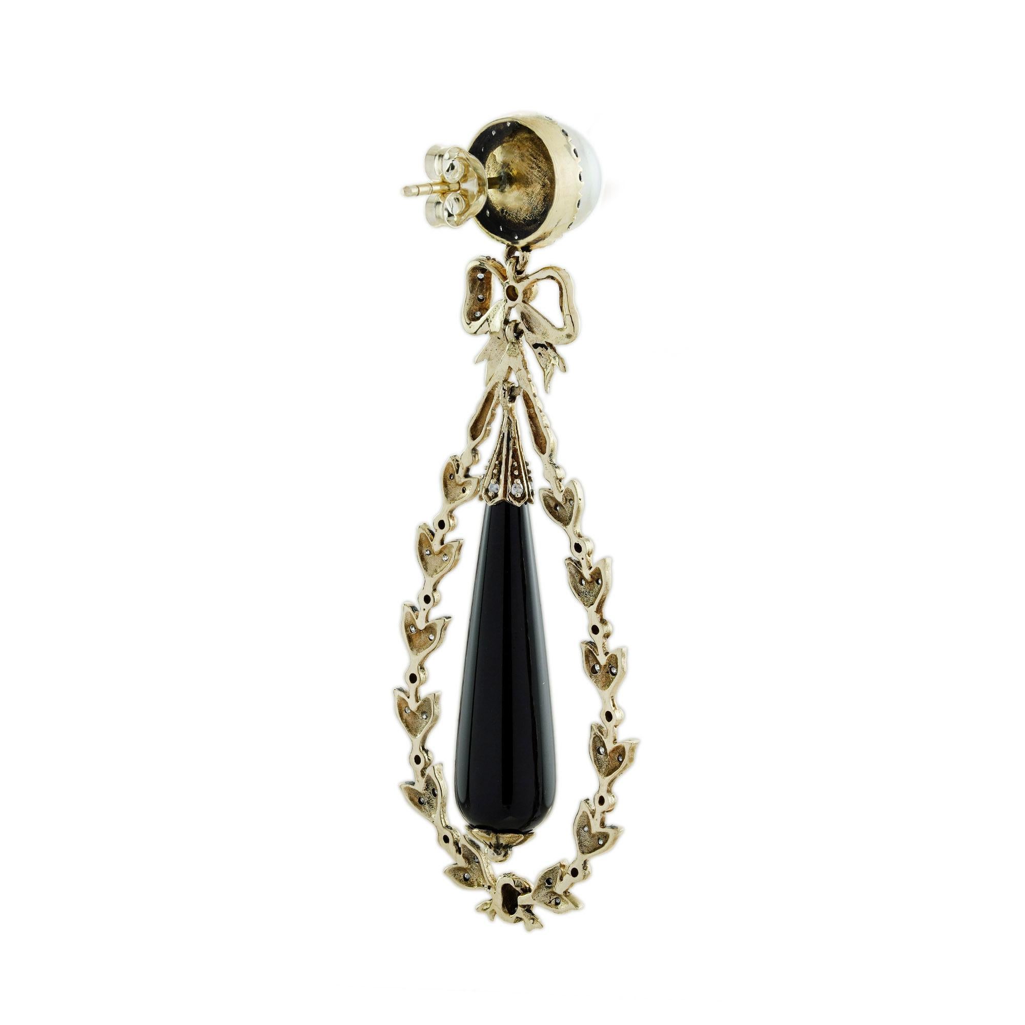Art Deco Onyx and Pearl Antique Style Dangle Earrings in 9K Yellow Gold For Sale