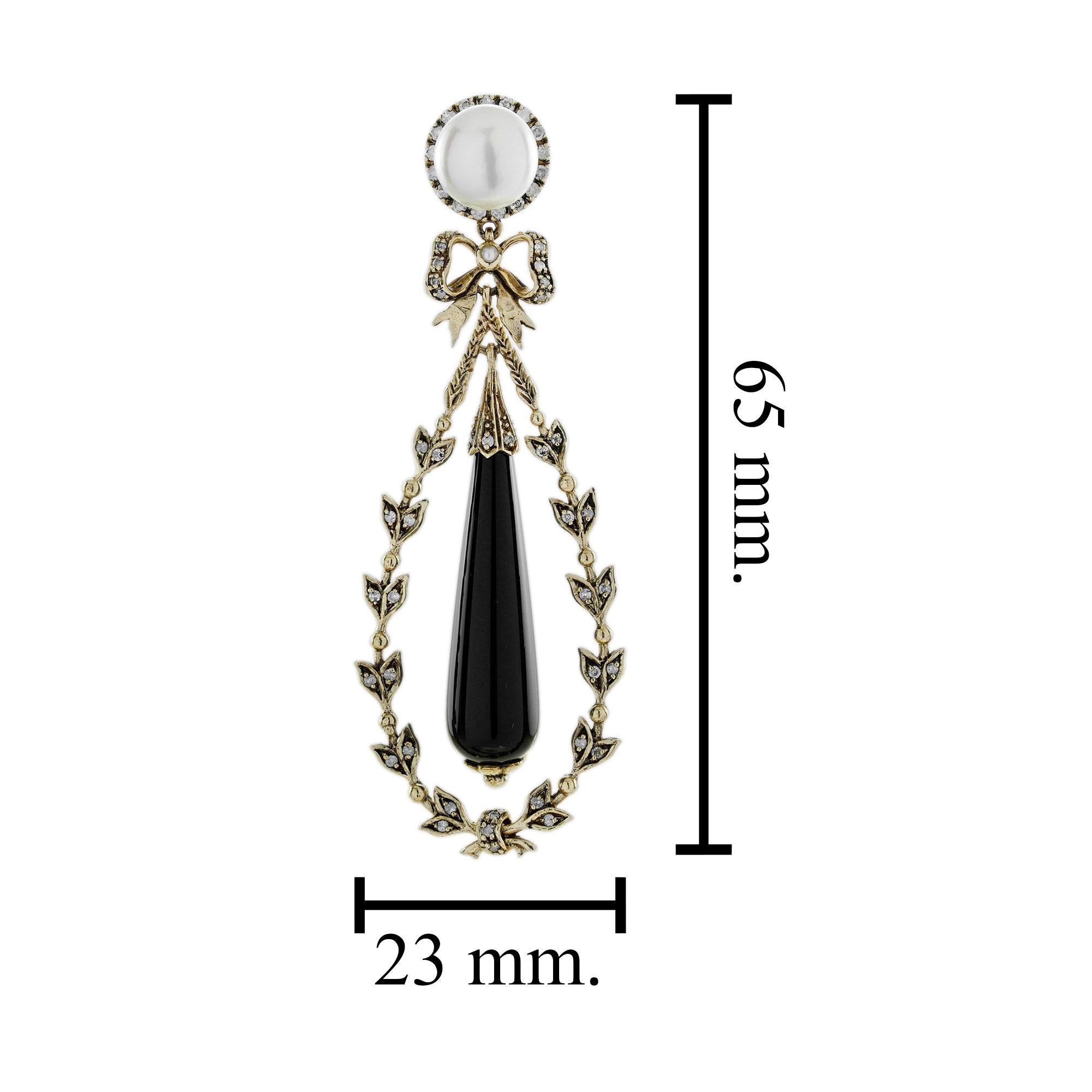 Oval Cut Onyx and Pearl Antique Style Dangle Earrings in 9K Yellow Gold For Sale