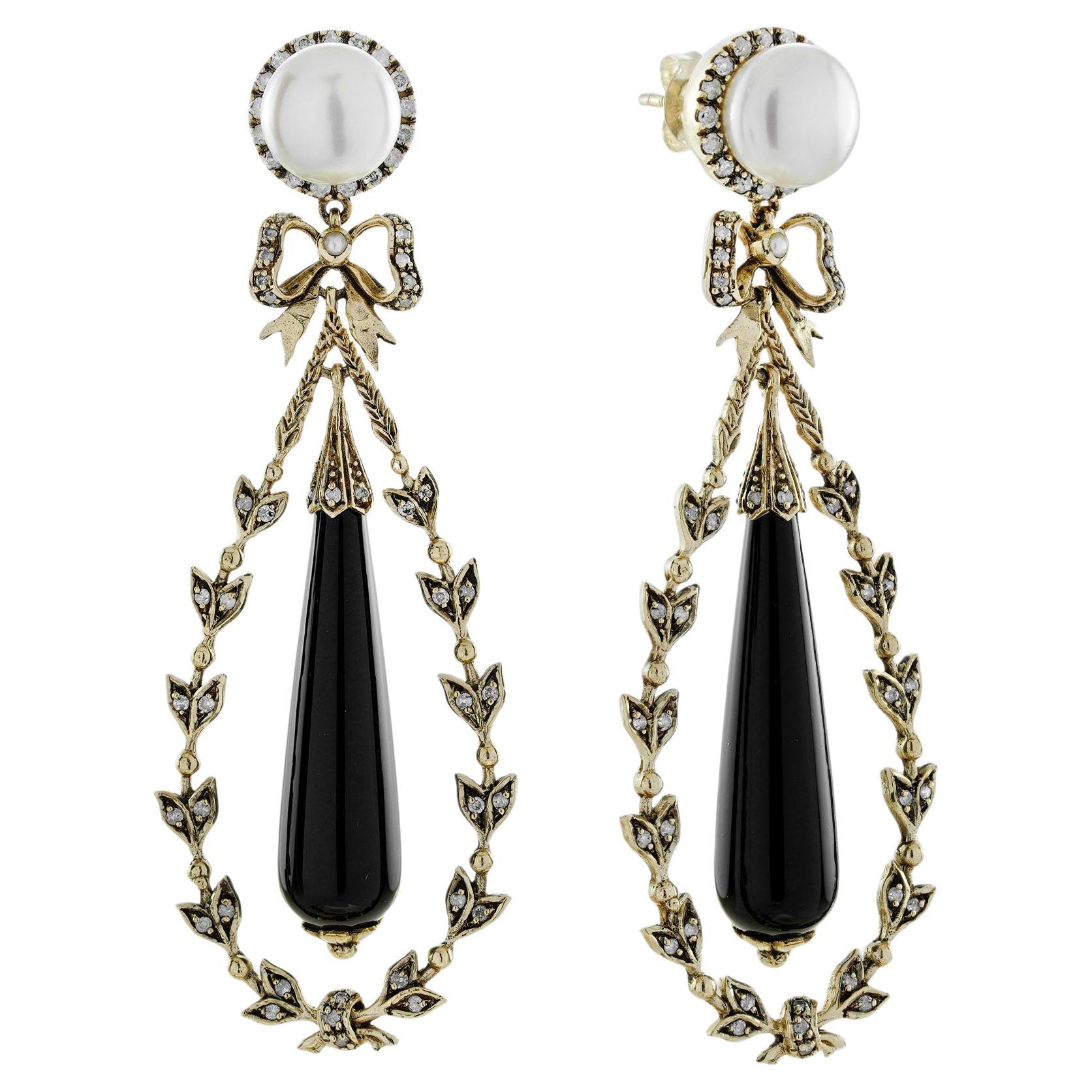 Onyx and Pearl Antique Style Dangle Earrings in 9K Yellow Gold