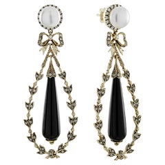 Onyx and Pearl Antique Style Dangle Earrings in 9K Yellow Gold