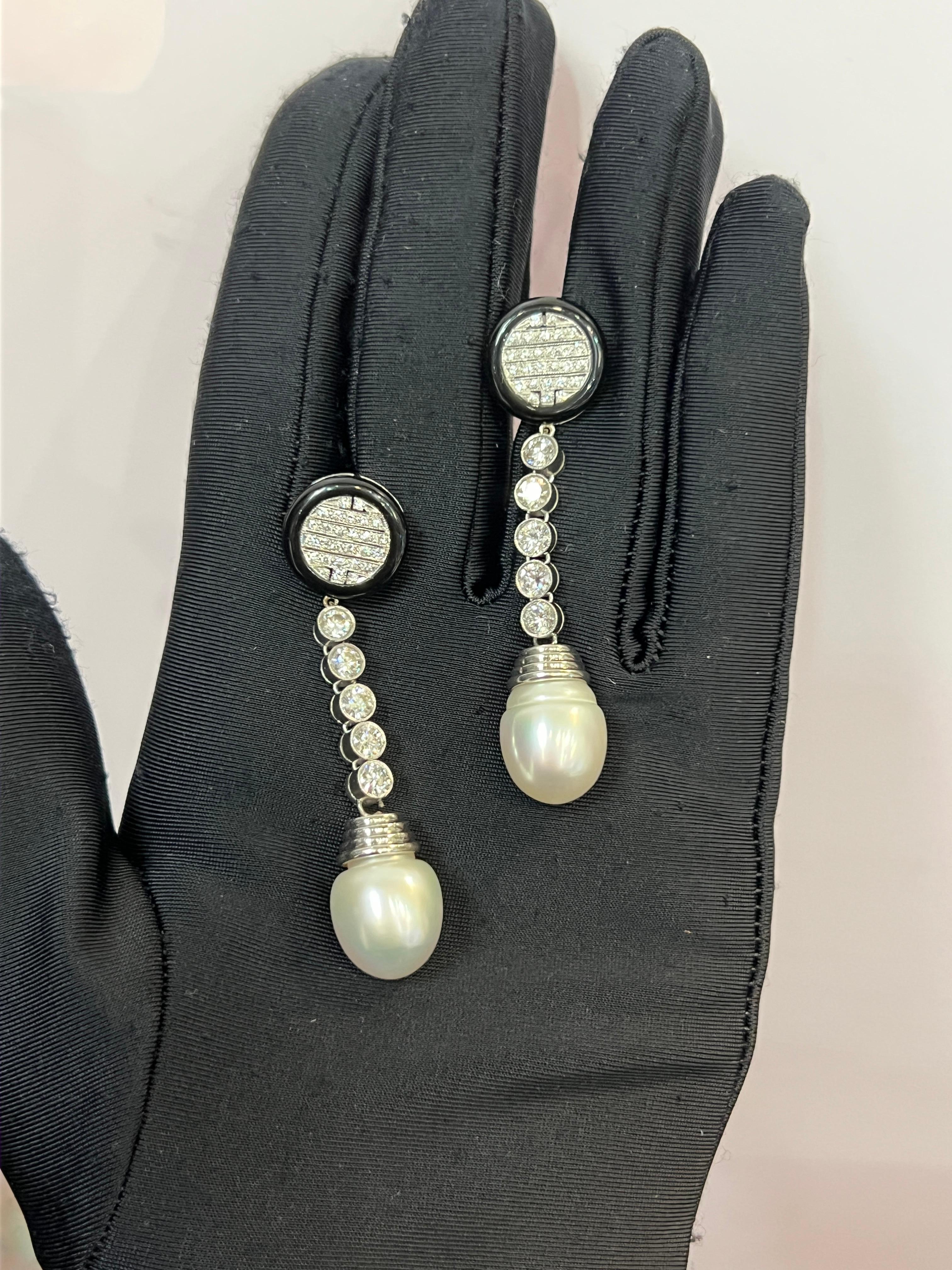 Mixed Cut Onyx and Pearl Diamond Earrings For Sale