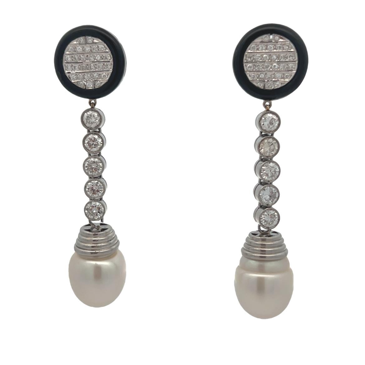Women's Onyx and Pearl Diamond Earrings For Sale
