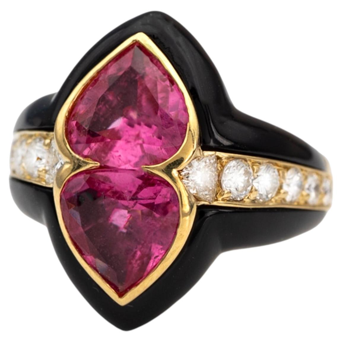 Bague dôme en or 18K avec onyx et tourmaline rose et diamants