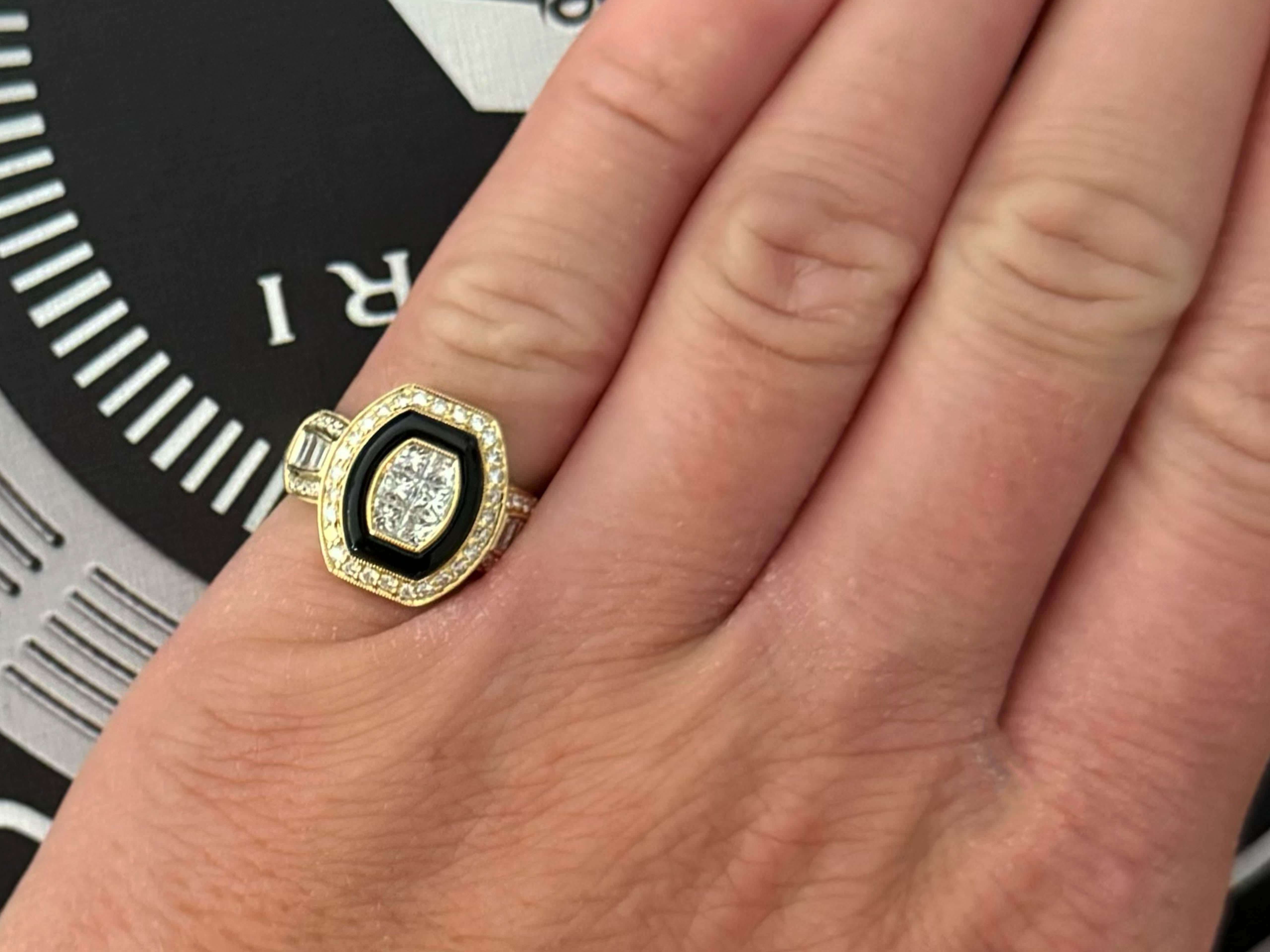 Item Specifications:

Metal: 18k Yellow Gold

Diamond Count: 6 princess cut, 6 baguette and 44 brilliant cut

Total Diamond Carat Weight: ~1.05 carats 

Diamond Color: G

Diamond Clarity: VS

Ring Size: 5.5 (for resizing please message us before