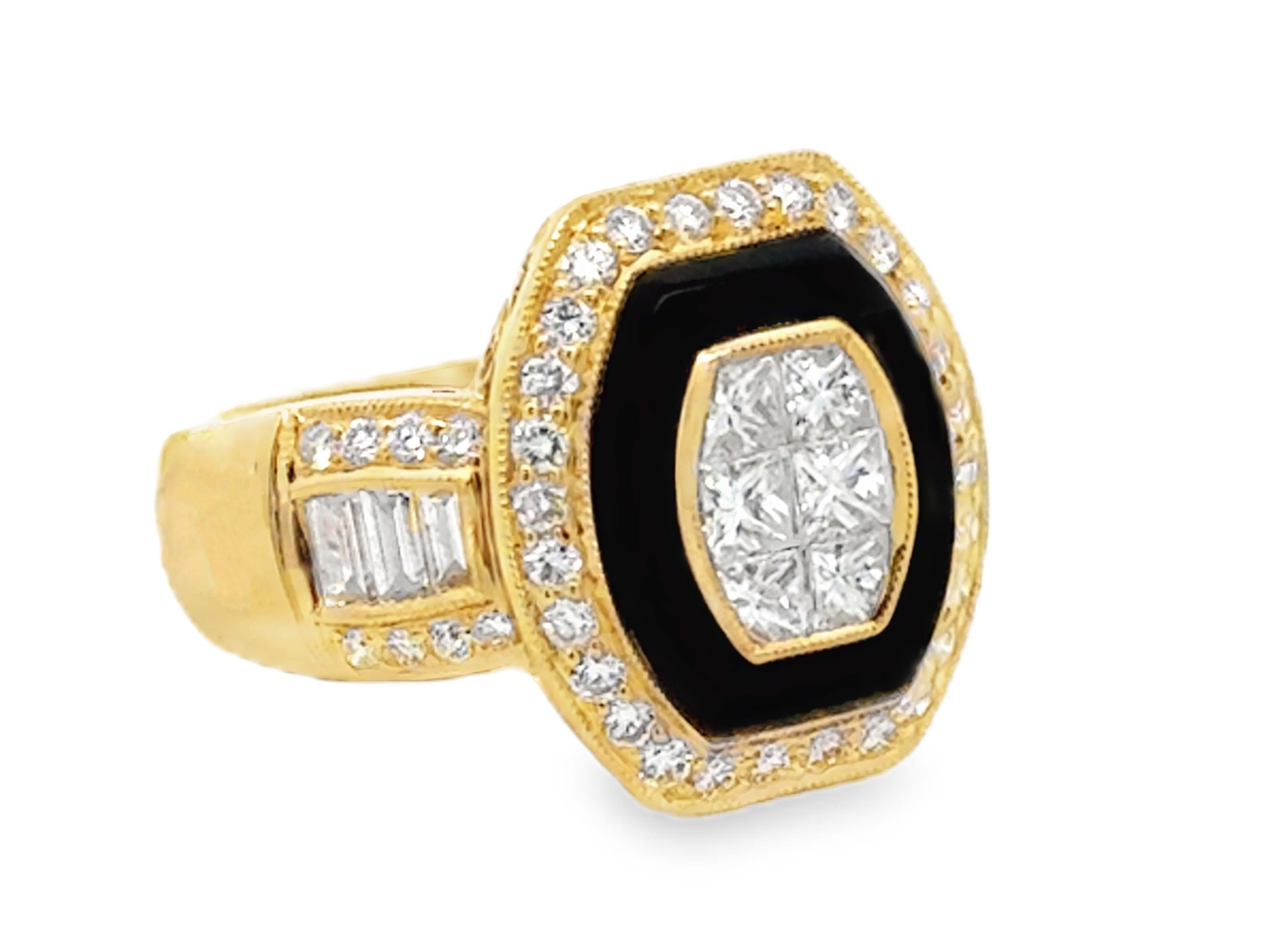 Modern Onyx and Princess Cut, Brilliant Cut and Baguette Cut Diamond Ring 18k Gold For Sale