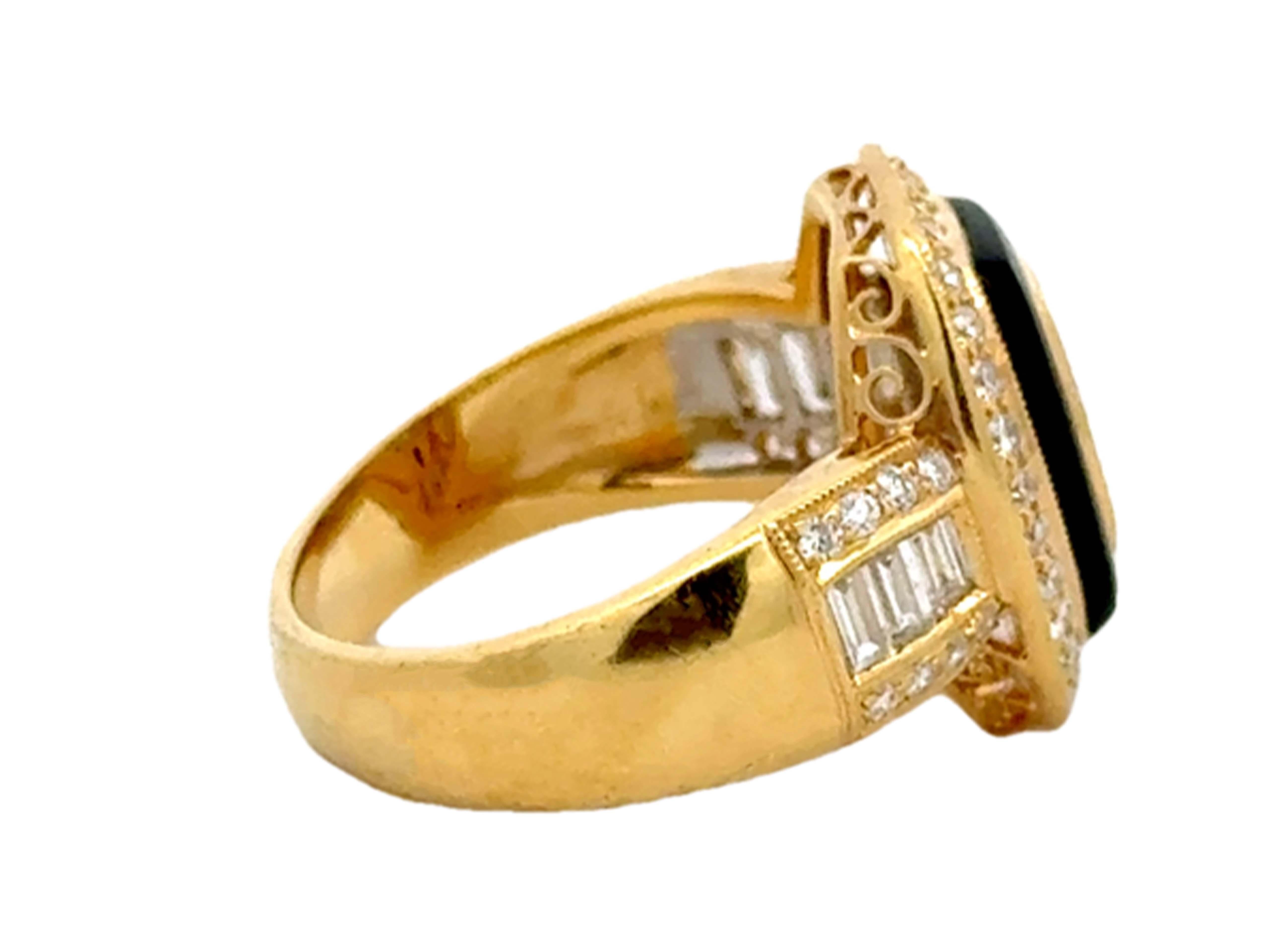 Women's or Men's Onyx and Princess Cut, Brilliant Cut and Baguette Cut Diamond Ring 18k Gold For Sale