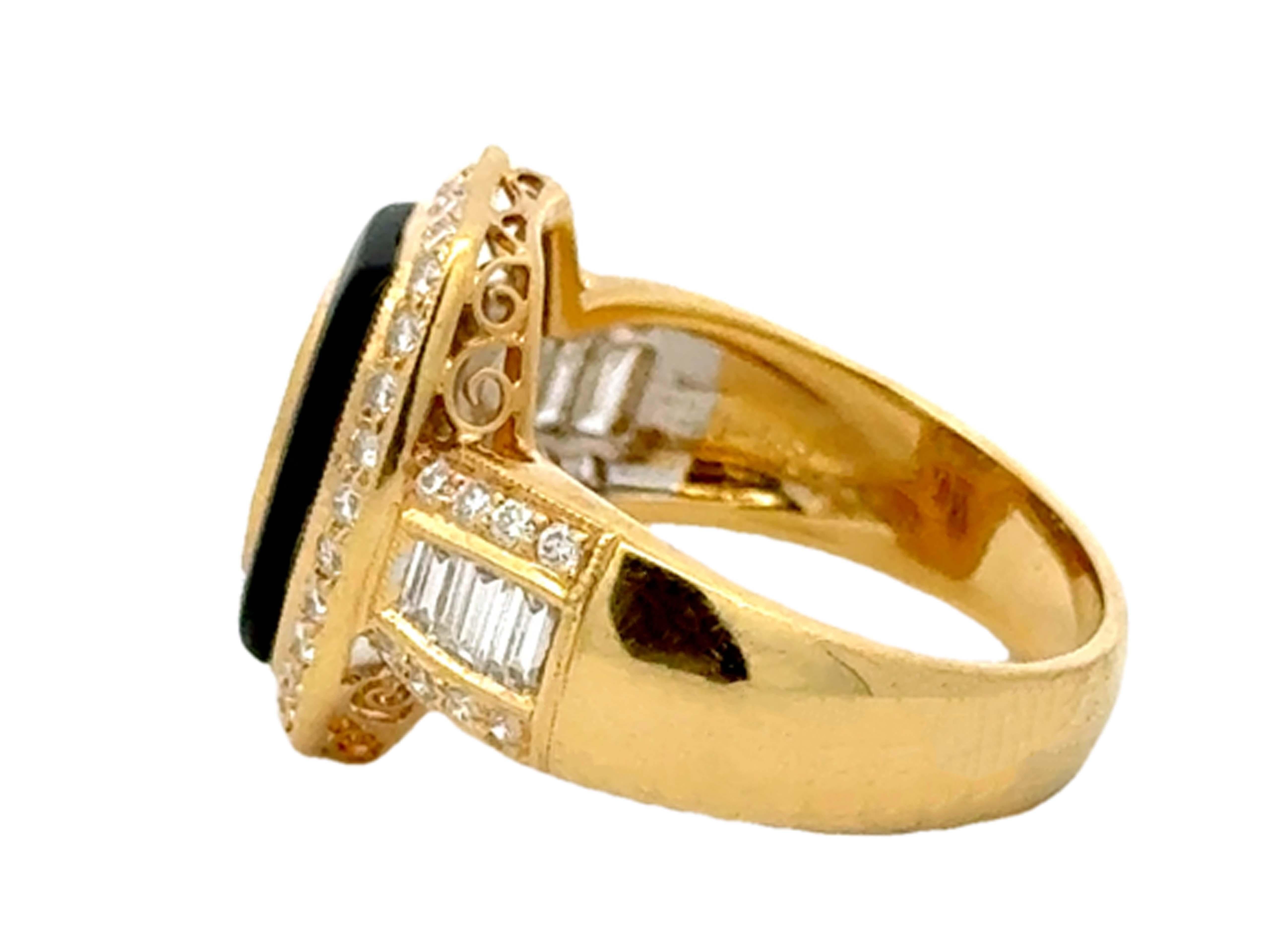Onyx and Princess Cut, Brilliant Cut and Baguette Cut Diamond Ring 18k Gold For Sale 1