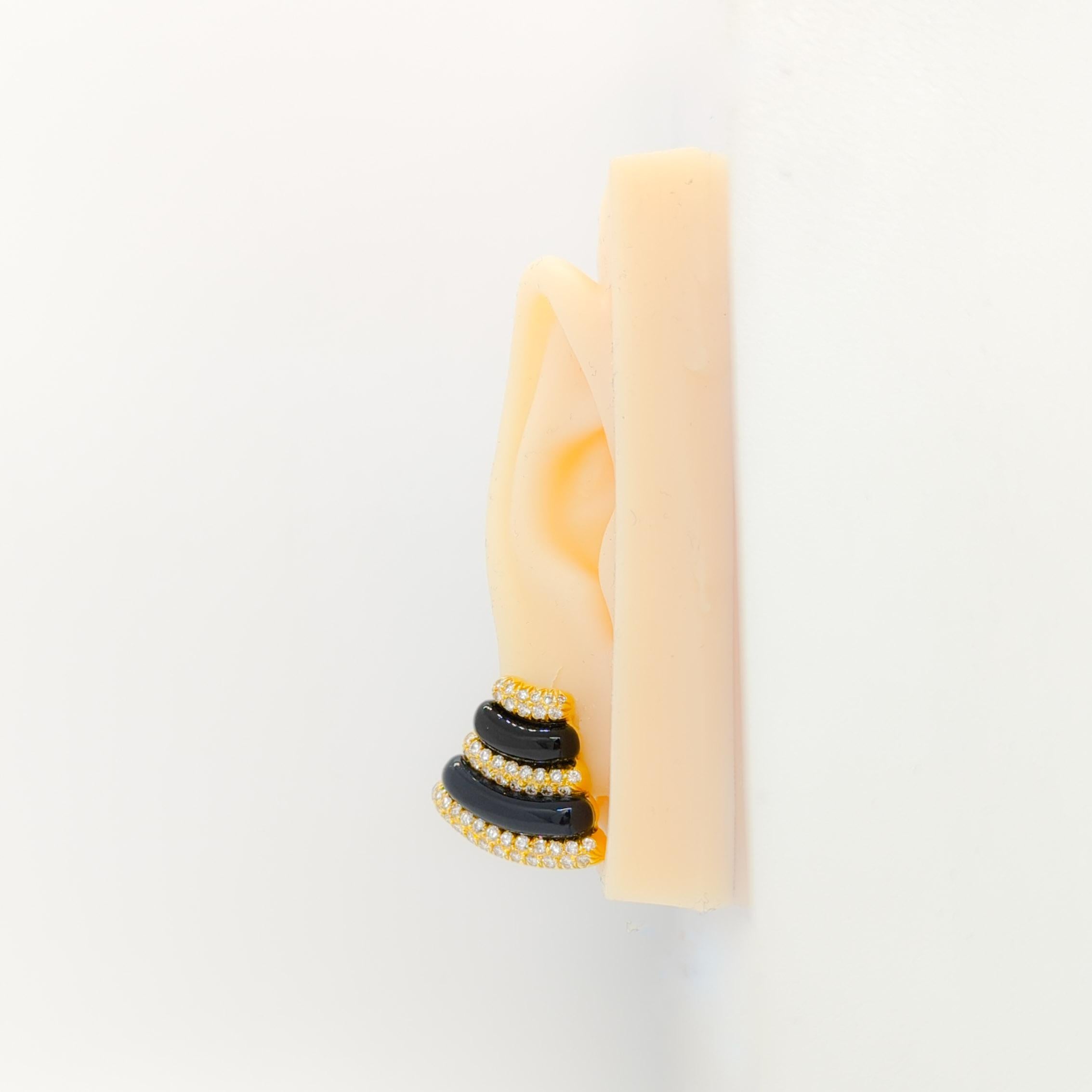 Gorgeous earrings with onyx and 1.75 ct. good quality, white, and bright diamond rounds.  Handmade in 18k yellow gold.  