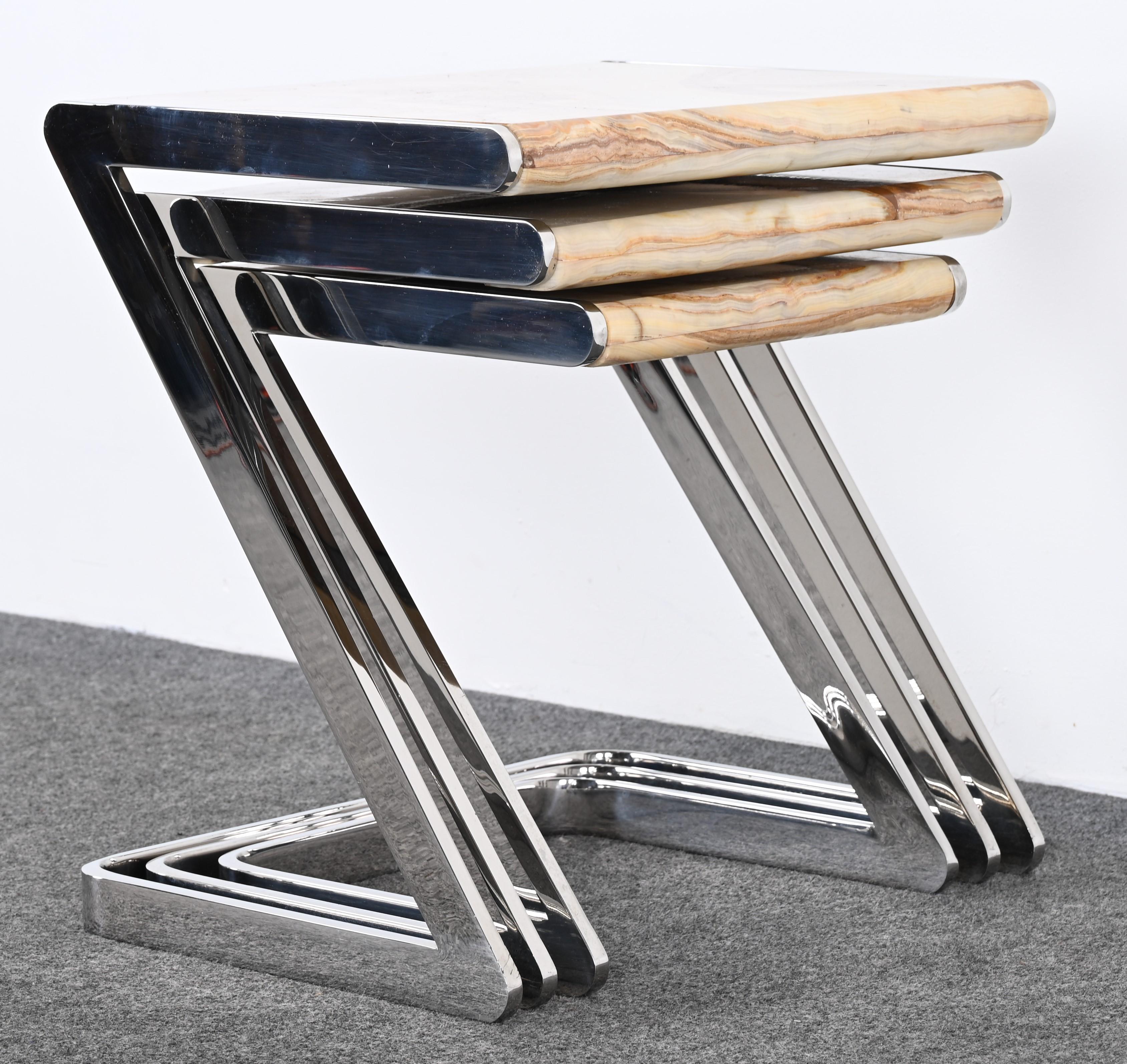 Onyx and Stainless Steel Nesting Tables by Brueton, 1980s For Sale 9