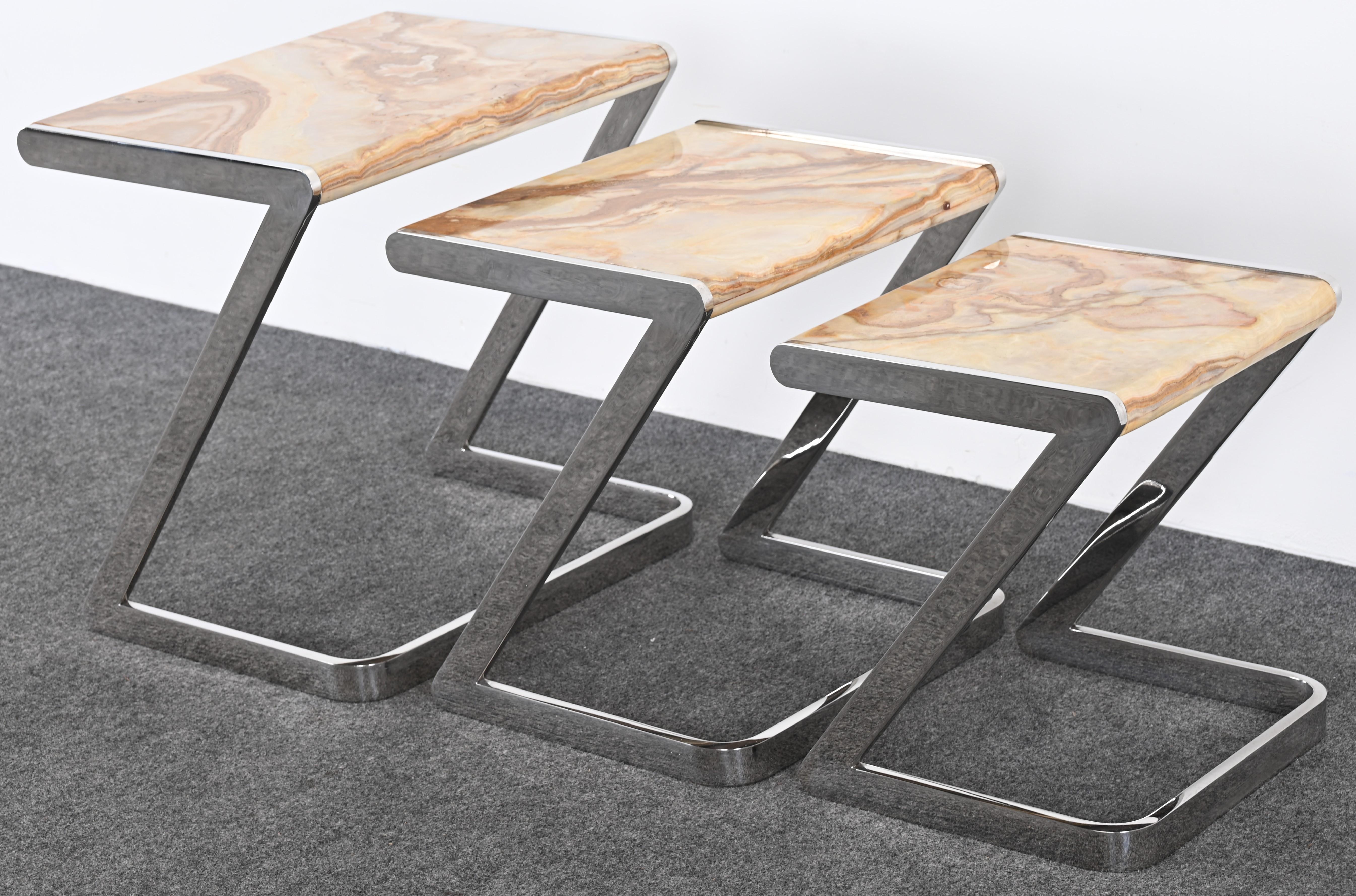 Onyx and Stainless Steel Nesting Tables by Brueton, 1980s For Sale 13