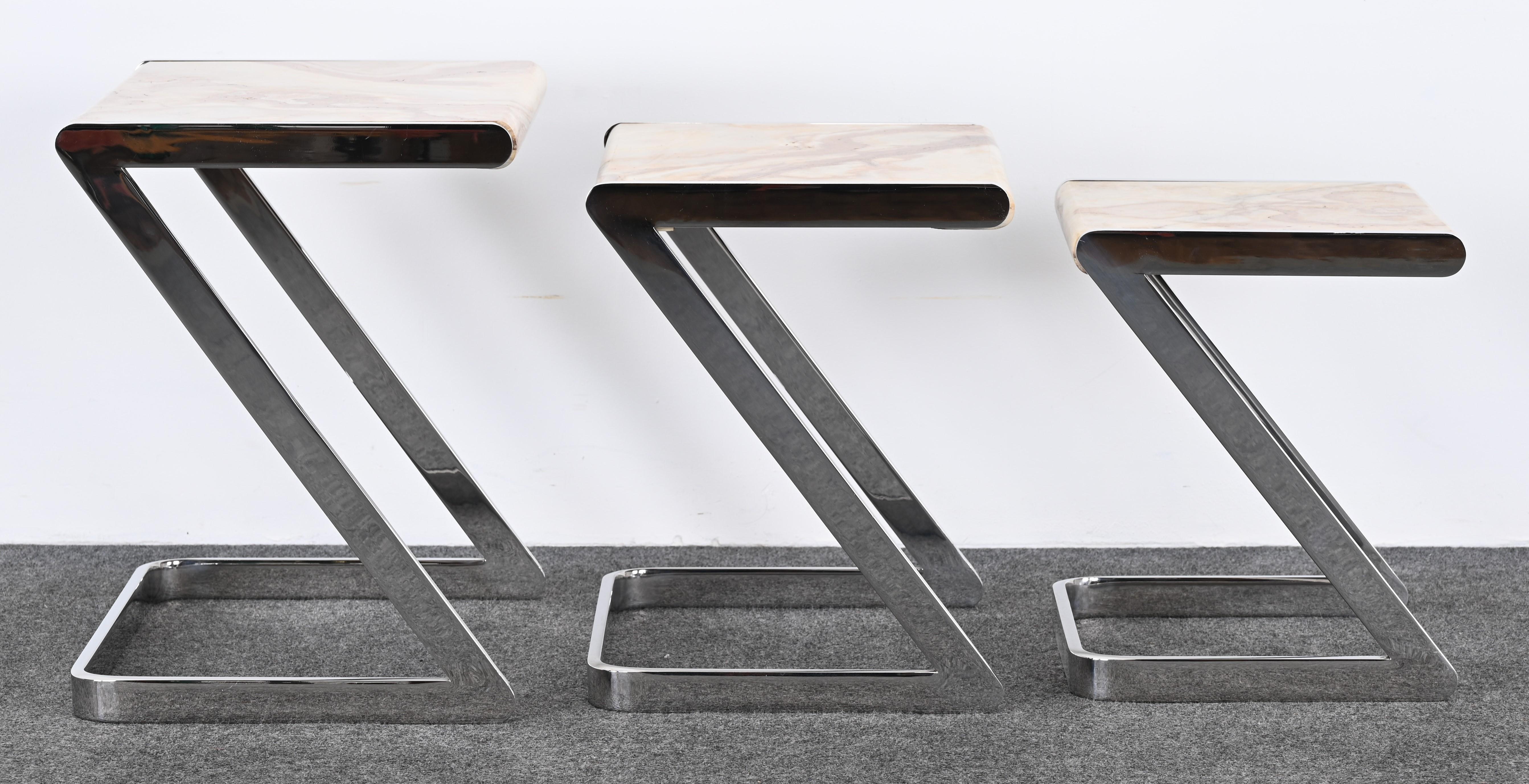 American Onyx and Stainless Steel Nesting Tables by Brueton, 1980s For Sale