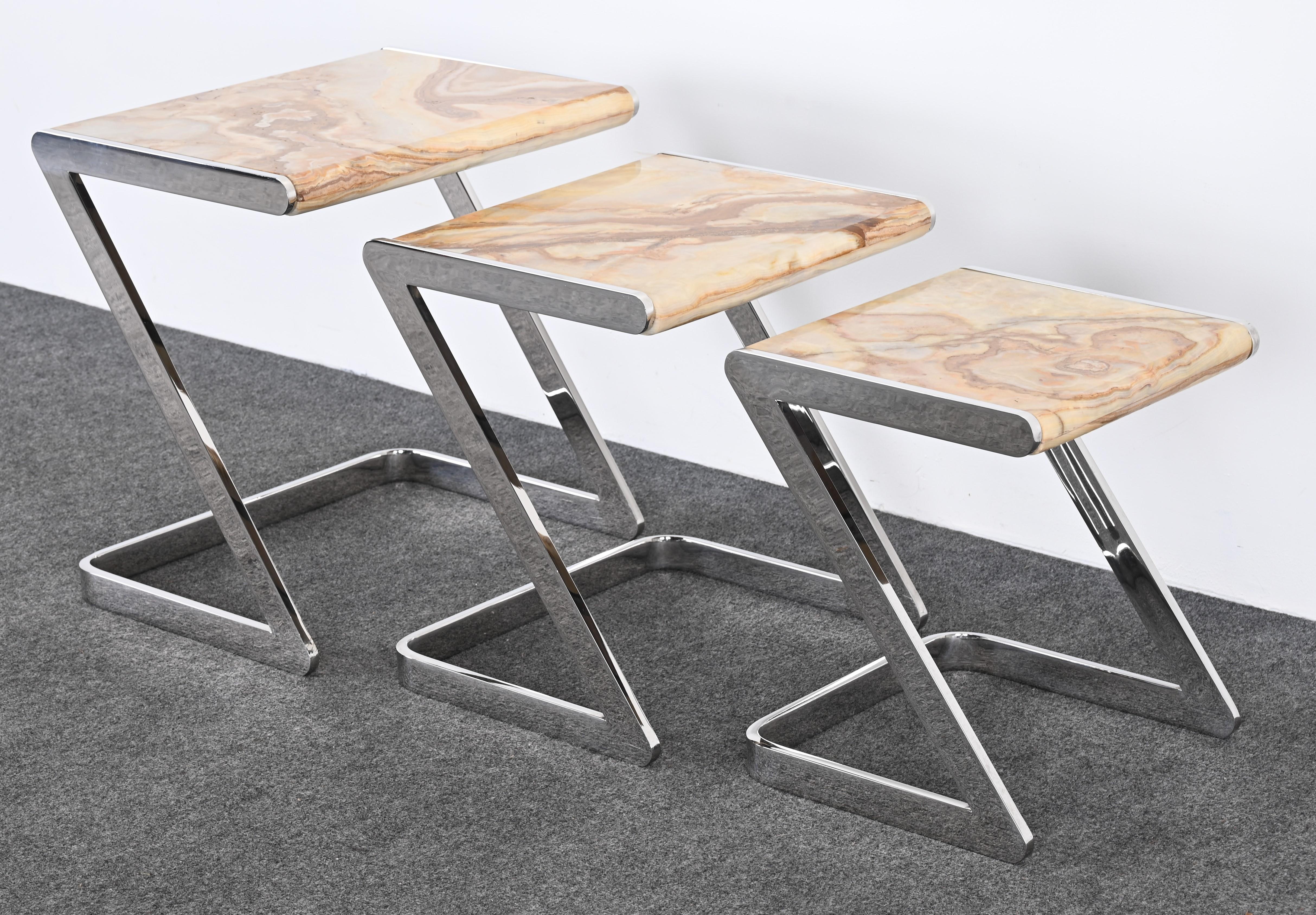 Late 20th Century Onyx and Stainless Steel Nesting Tables by Brueton, 1980s For Sale