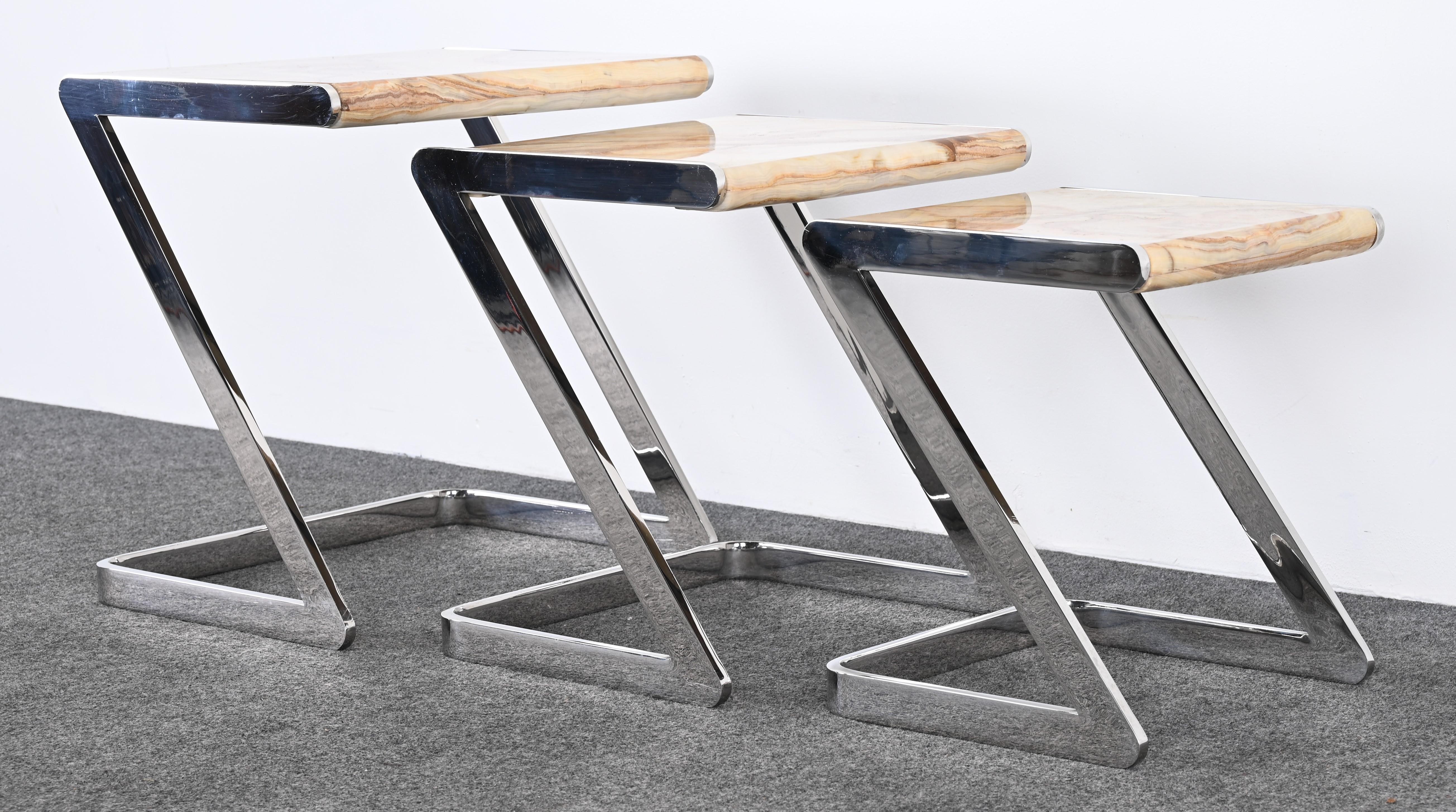 Onyx and Stainless Steel Nesting Tables by Brueton, 1980s For Sale 1