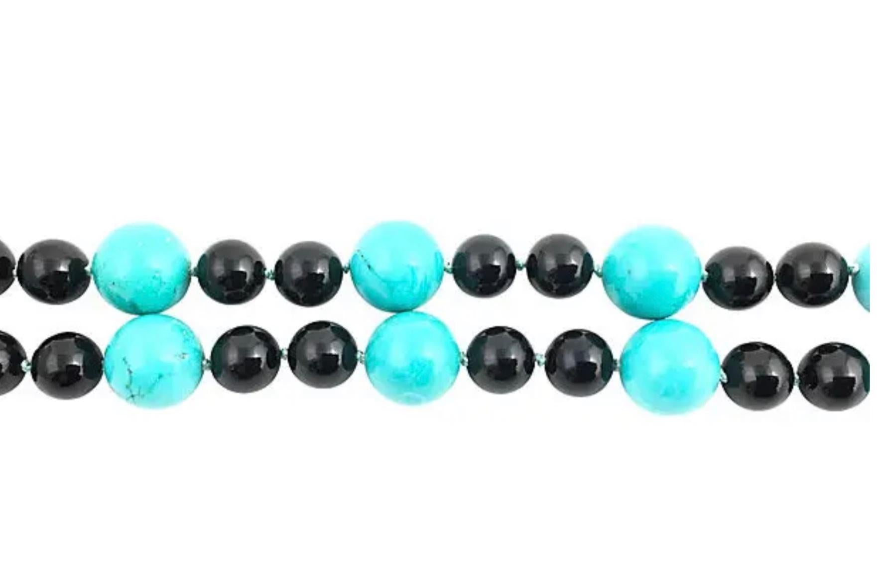 Women's or Men's Onyx and Turquoise Bead Necklace For Sale