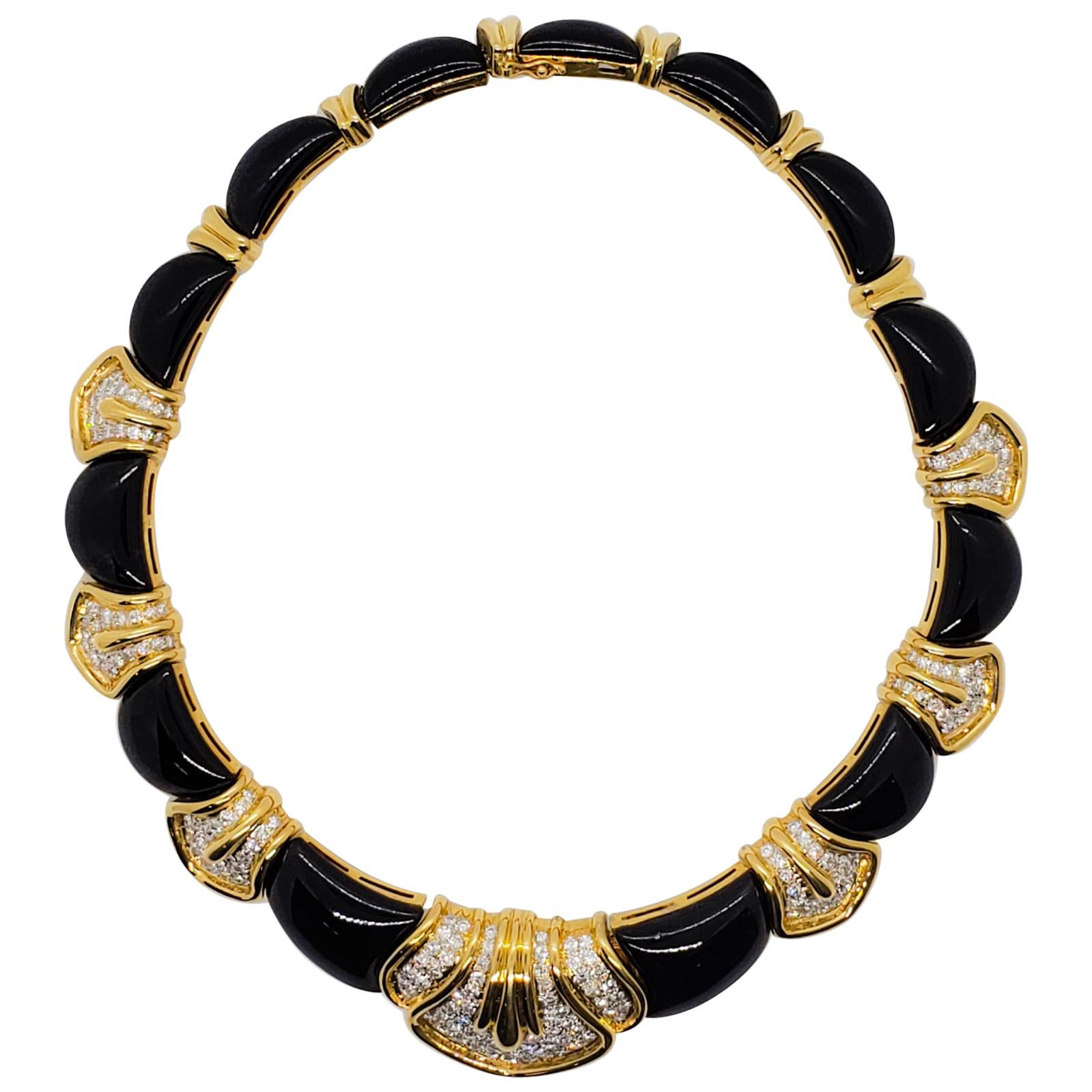 Onyx and White Diamond Choker Necklace in 18 Karat Yellow Gold