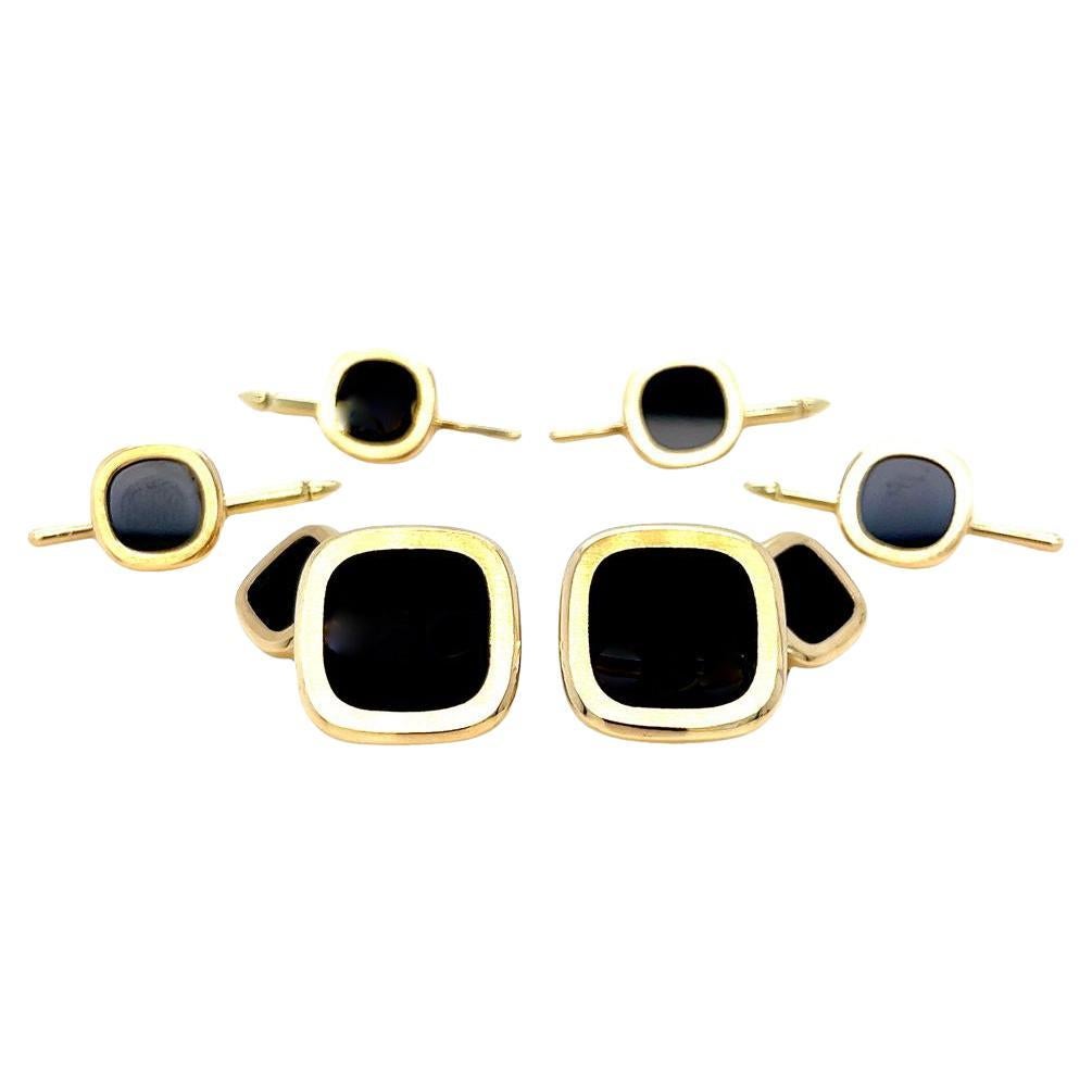 Ensemble boutons de manchette et clous de chemise en or jaune et onyx